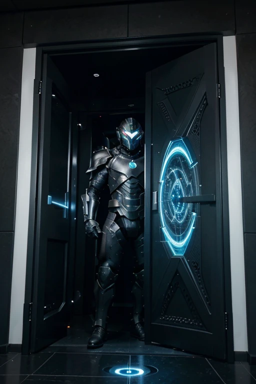 the guardian of the portals is a strong man wearing futuristic black armor standing in front of a dimensional portal guarding the entrance, behind him inside the portal is a random image of the corresponding dimension