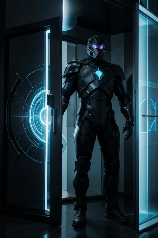 the guardian of the portals is a strong man wearing futuristic black armor standing in front of a dimensional portal guarding the entrance, behind him inside the portal is a random image of the corresponding dimension