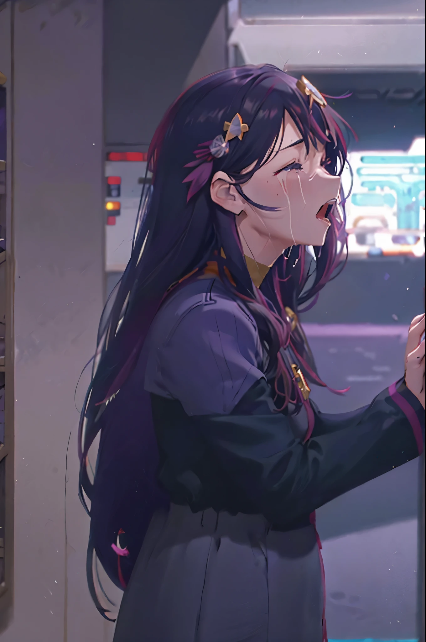 Hoshino Ai, long hair, purple hair, streaked hair ,purple eyes, star-shaped pupils, hair ornament ds9st uniform CryingAsagiriAya
closed eyes 