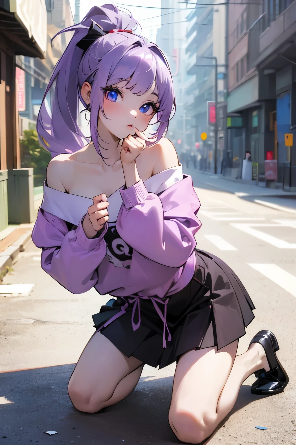 ((Masterpiece)), ((best quality)), (super detailed), (kneeling), 1girl, cute little girl, (Gravure Pose), (messy long ponytail), pale purple hair, cute eyes, Off-shoulder white long sleeves, city street, high res, ultrasharp, ((beautiful eyes)),