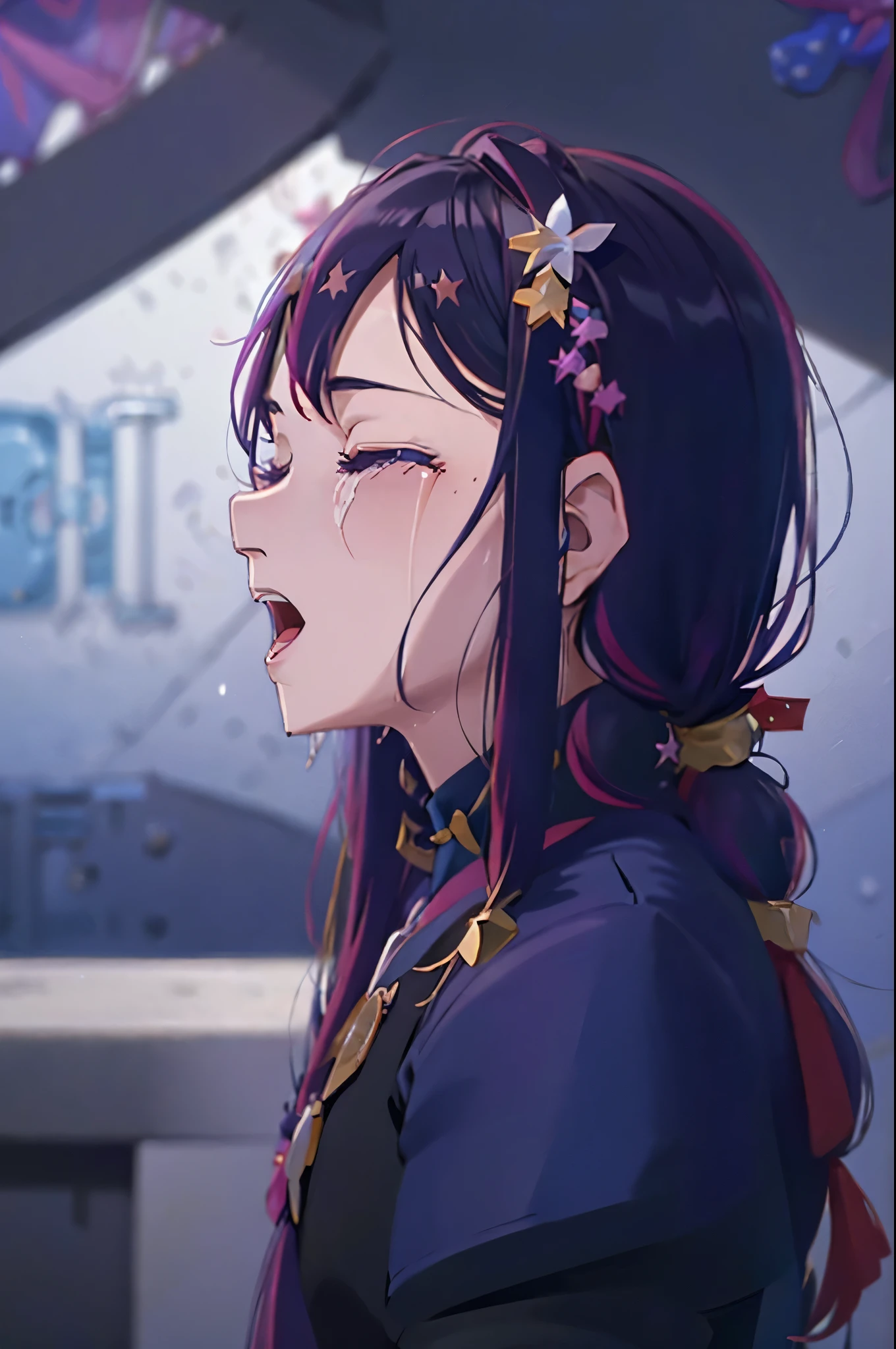 Hoshino Ai, long hair, purple hair, streaked hair ,purple eyes, star-shaped pupils, hair ornament ds9st uniform CryingAsagiriAya
closed eyes 