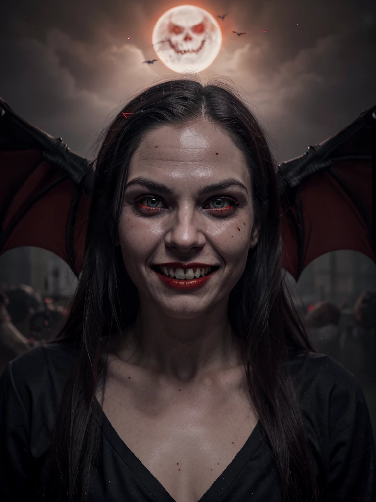 Red eyes, vampir teeth fangs, booldy face, blood out of mouth, smirk,bat wings, scary smile, psychopathic smirk, psychopathic smile, scary, mouth opem, angry eyes, vampire, dark sky background, red + blue + green, glowing red moon