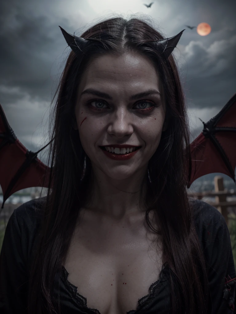 Red eyes, vampir teeth fangs, booldy face, blood out of mouth, smirk,bat wings, scary smile, psychopathic smirk, psychopathic smile, scary, mouth opem, angry eyes, vampire, dark sky background, red + blue + green, glowing red moon