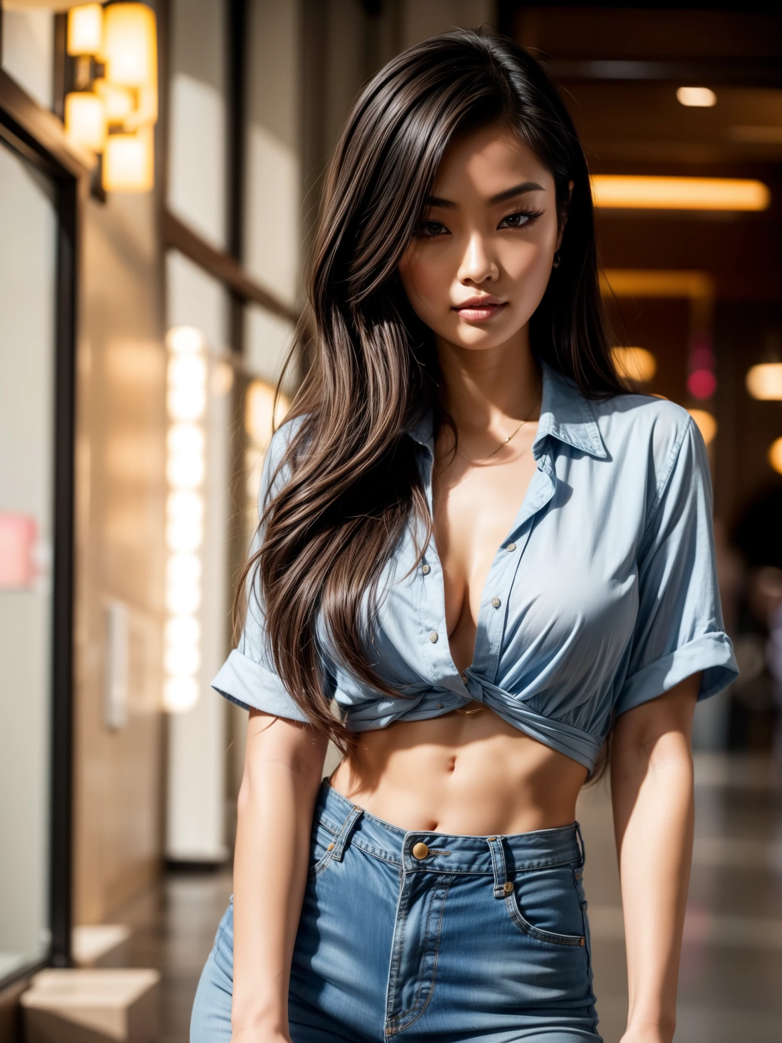 sexy asian woman, long wavy hair, high arched eyebrows, seductive look, light pink low-cut silk blouse, denim fitted hotpants, stilettos, midnight modern metropolis, spot lighting, backlight on hair, shallow depth of field, bokeh,