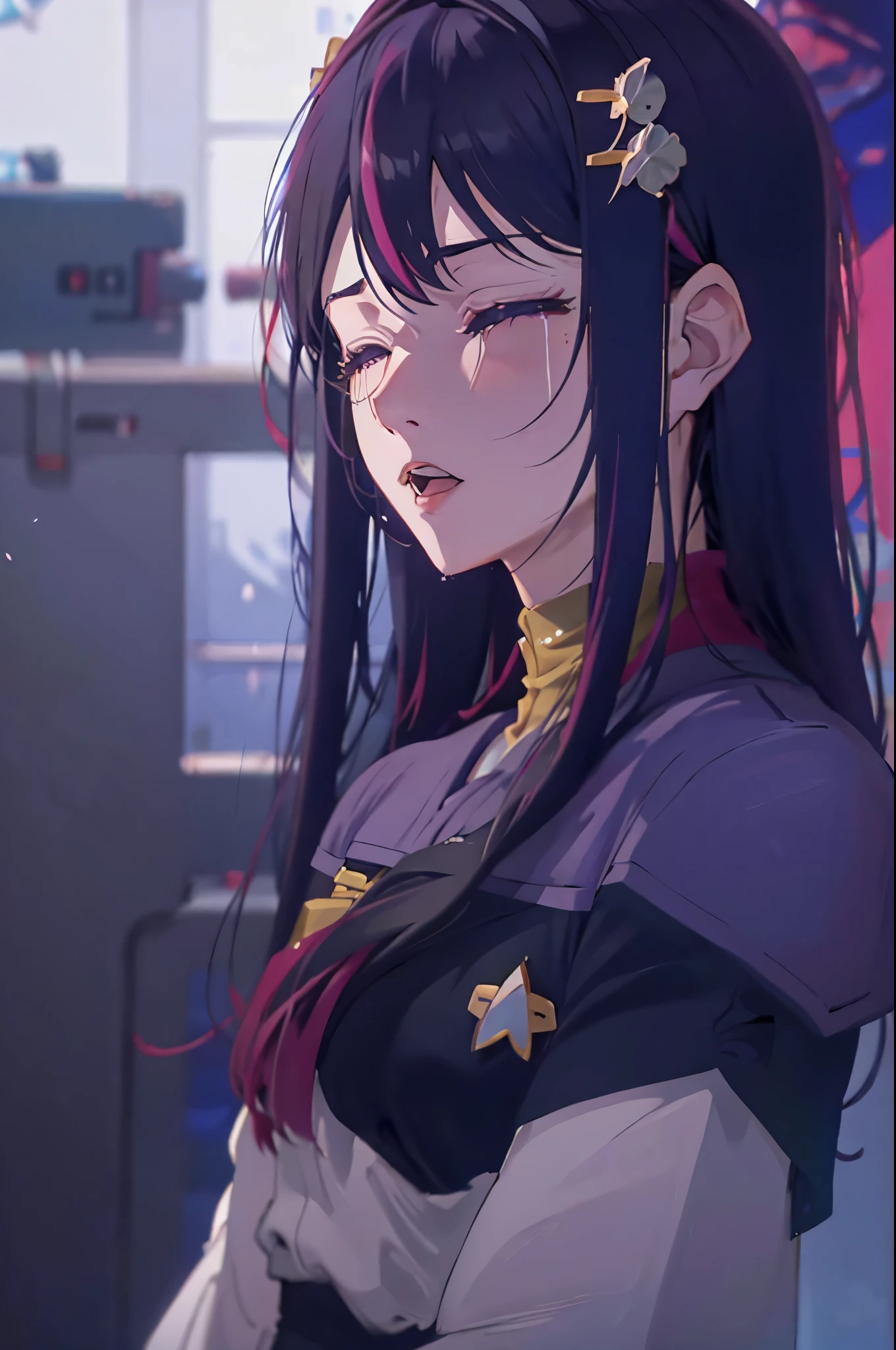 Hoshino Ai, long hair, purple hair, streaked hair ,purple eyes, star-shaped pupils, hair ornament ds9st uniform CryingAsagiriAya
closed eyes 