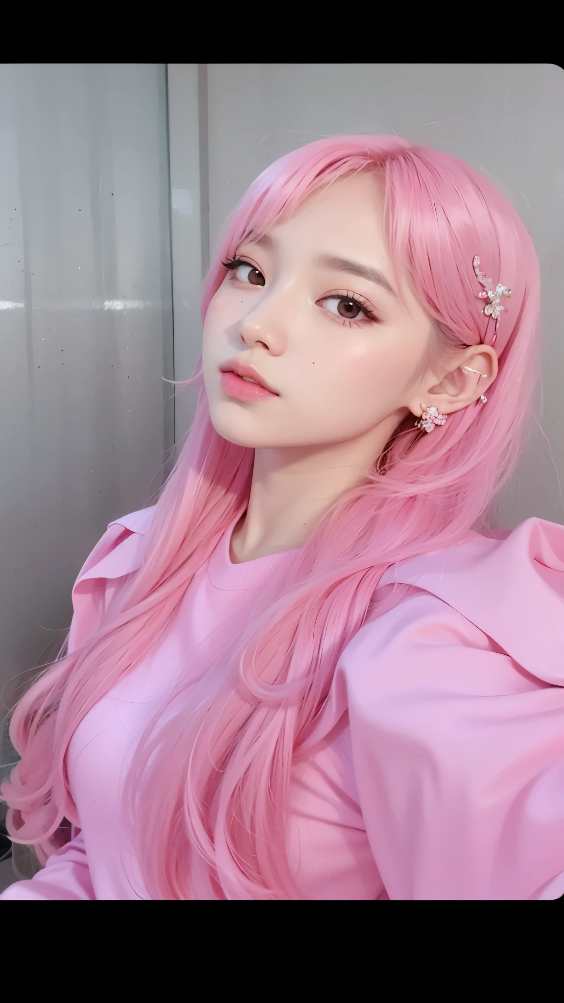 a close up of a person with cabello rosado and a pink shirt, with cabello rosado, Cabello rosado y ojos cian., long flowing cabello rosado, flowing cabello rosado, pelo liso rosa, long cabello rosado, bella delfina, cabello rosado, cabello rosado covered with hairpins, ulzzang, light cabello rosado, pelo largo color chicle, rosa pastel