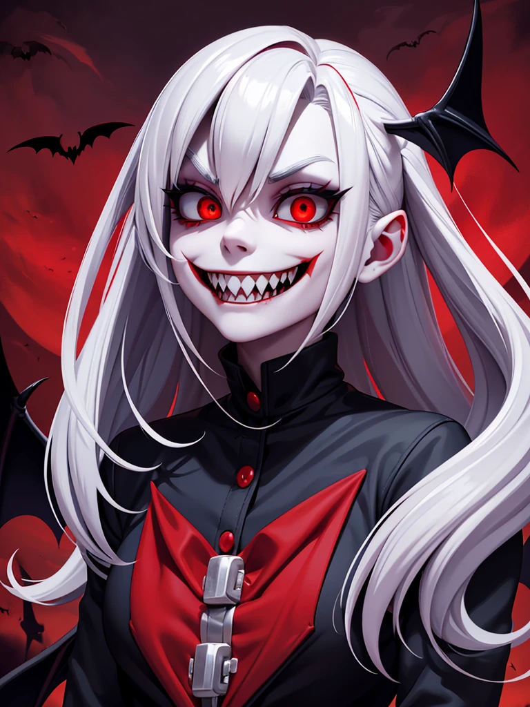 Red eyes, vampir teeth fangs, booldy face, blood out of mouth, smirk,bat wings, scary smile, psychopathic smirk, psychopathic smile, scary, mouth opem, angry eyes, vampire, dark sky background, red + blue + green, glowing red moon
