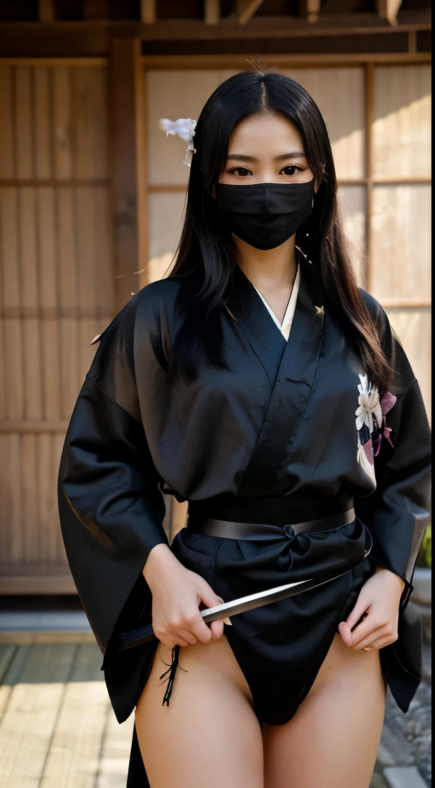 最high quality、high quality、best image quality、8K、最High resolution、High resolution、最high quality、masterpiece、RAW photo、realistic atmosphere、(detailed face)、(fine hands、thumb1reference4)、(beauty of japan )、very nice face、cute face、((beautiful japanese girl))、(japanese woman), ((18 year old beautiful girl))、(glossy black hair)、(straight long hair)、(ponytail)、whole body、slim style、(shiny skin)、(Fair skin, Glossy skin)、real human skin、realistic human body structure、perfect body, perfect face, perfect hands, perfect fingers, perfect lips, perfect eyes,perfect teeth、perfect background, perfect atmosphere, natural soft light、photon mapping、Ainu folk costume、((girl with sword in both hands))、Japanese sword、japanese traditional、(kunoichi kimono)、all ninja、A girl inspired by Naruto、((A girl holding a sharp sword in both hands))、In front of an old Japanese house、((Transparent metallic with floral pattern(黒色Ainu folk costume、black kimono up to the waist、black string loincloth、black mask))、Dynamic pose with combat in mind