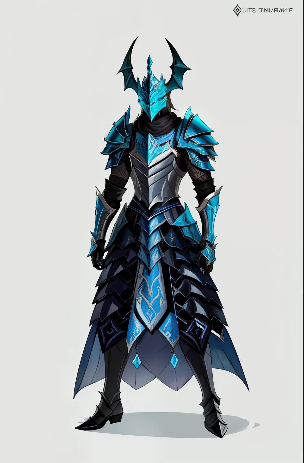 um close up de uma pessoa em um traje com uma espada, pale armadura azul, dragon inspired armadura azul, very stylish armadura de fantasia, pale black armor, armadura azul, armadura de cristal de gelo, armadura de fantasia, water armor, Armadura Conceitual, conceito de armadura de alma escura, armadura de sombra, armadura deslumbrante, dragon inspired armor, armadura elegante, armadura fractal, Fantasy-inspired dragon armor