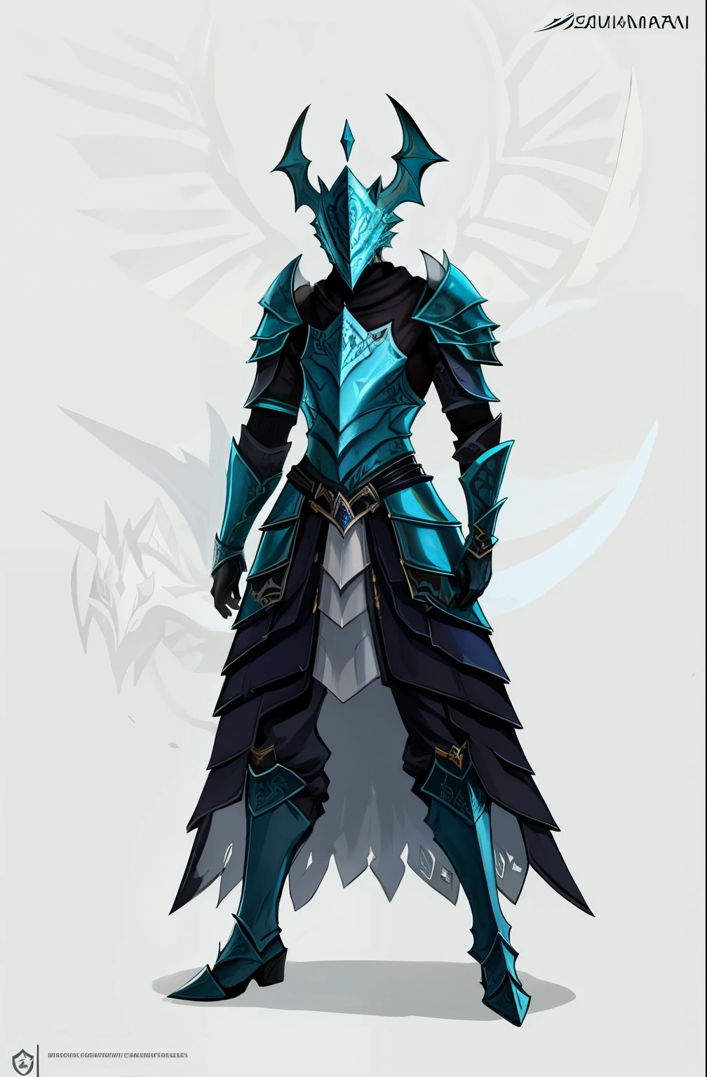 um close up de uma pessoa em um traje com uma espada, pale armadura azul, dragon inspired armadura azul, very stylish armadura de fantasia, pale black armor, armadura azul, armadura de cristal de gelo, armadura de fantasia, water armor, Armadura Conceitual, conceito de armadura de alma escura, armadura de sombra, armadura deslumbrante, dragon inspired armor, armadura elegante, armadura fractal, Fantasy-inspired dragon armor