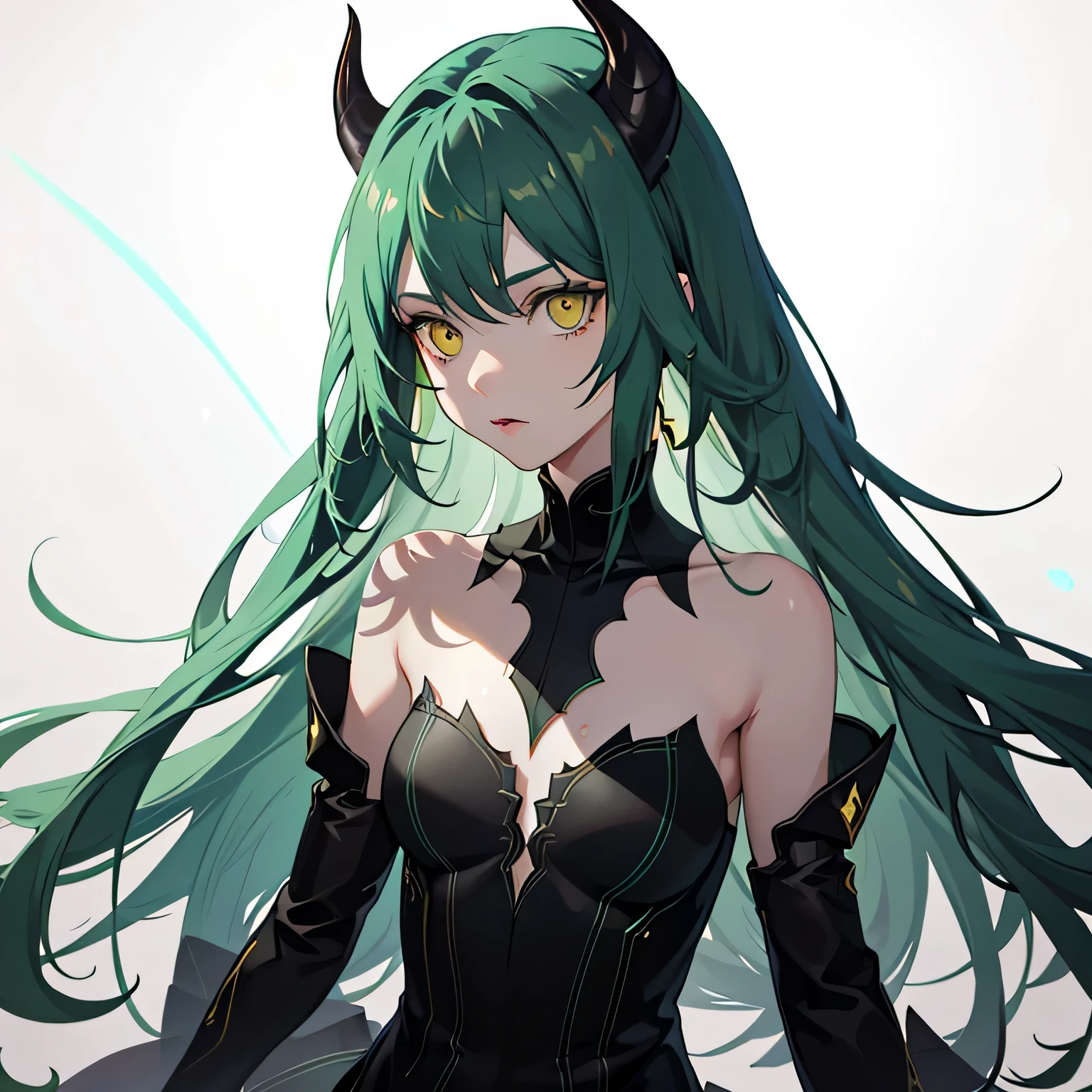 realistic, 1girl, green hair, demo horns, yellow eyes, small, young, side lighting bare shoulders, glowing eyes, light particles, light rays,magic circle, wallpaper, demon, red skin, white background