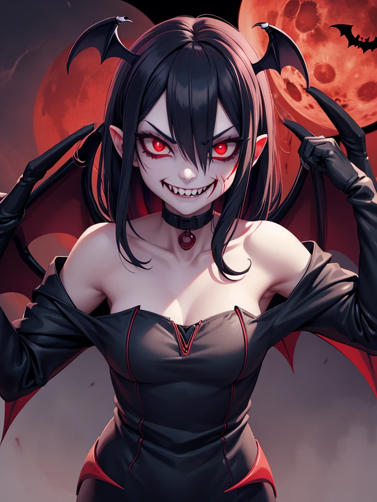 Red eyes, vampir teeth fangs, booldy face, blood out of mouth, smirk,bat wings, scary smile, psychopathic smirk, psychopathic smile, scary, mouth opem, angry eyes, vampire, dark sky background, red + blue + green, glowing red moon