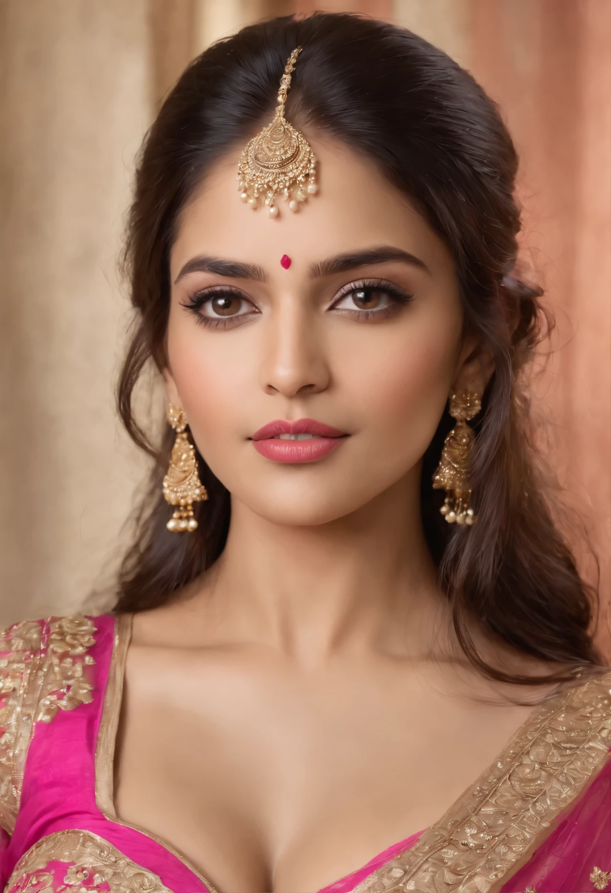 a indian woman posing for a picture, indian, traditional beauty, indian, beautiful goddess, ornate , indian style, indian super model, beautiful maiden, gorgeous woman, south east asian with long, provocative indian, gorgeous beautiful woman, beautiful asian girl, extremely detailed goddess shot, jaw-dropping beauty, big boobs deep cleavage sexy navel, , exposed, big bust, pink, big breast, romantic face expressions .