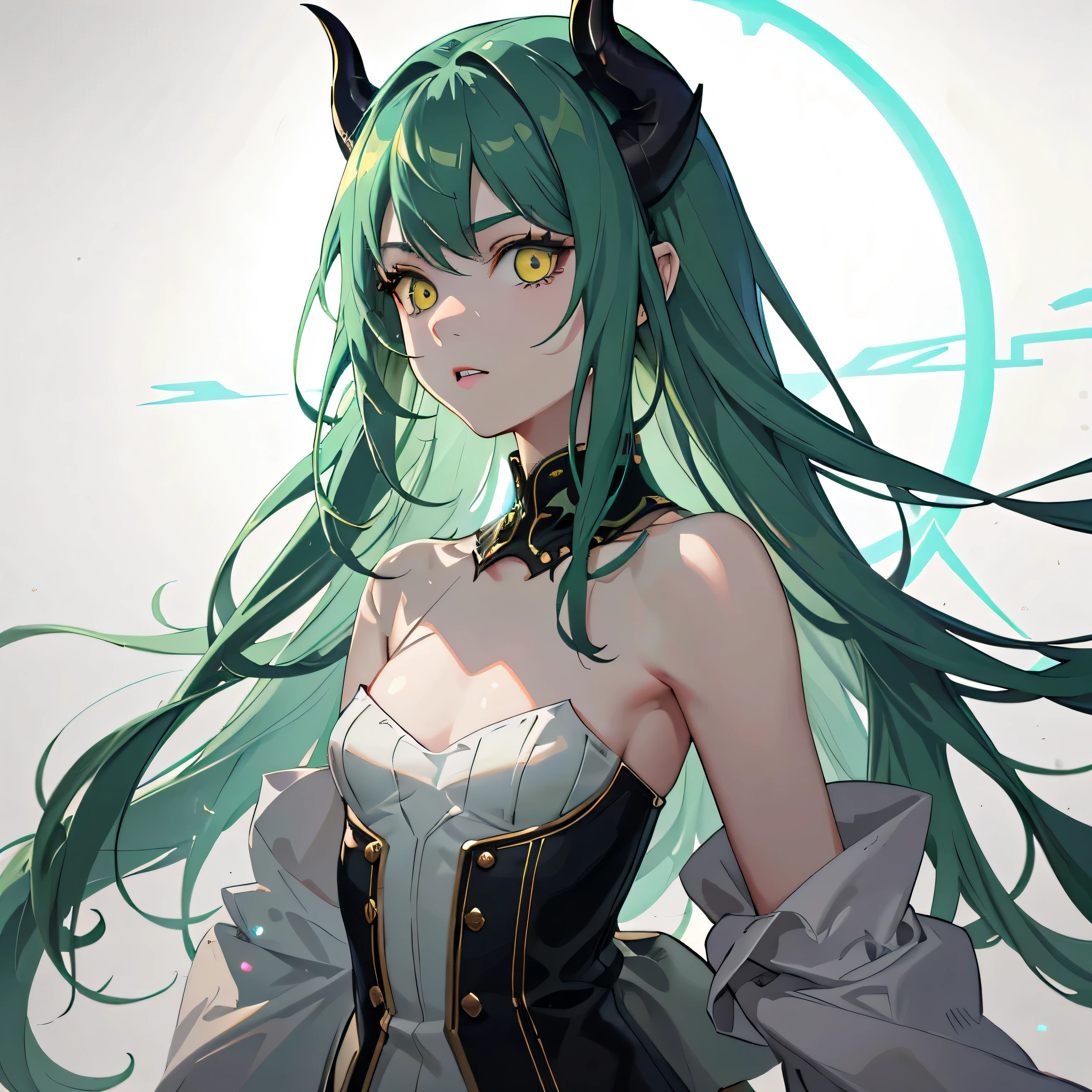 realistic, 1girl, green hair, demo horns, yellow eyes, small, young, side lighting bare shoulders, glowing eyes, light particles, light rays,magic circle, wallpaper, demon, red skin, white background