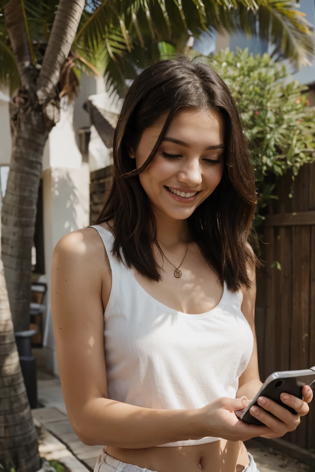 happy woman looking at her cell phone in the sun