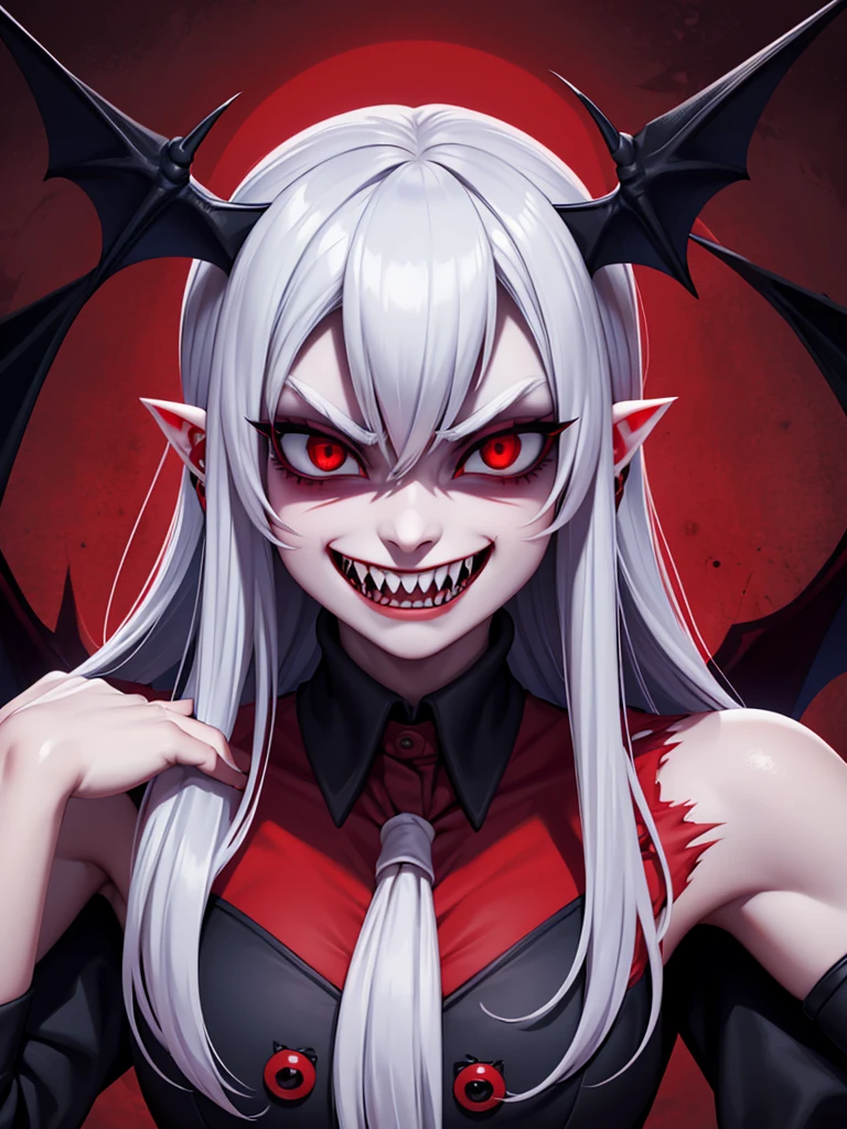 Red eyes, vampir teeth fangs, booldy face, blood out of mouth, smirk,bat wings, scary smile, psychopathic smirk, psychopathic smile, scary, mouth opem, angry eyes, vampire, dark sky background, red + blue + green, glowing red moon