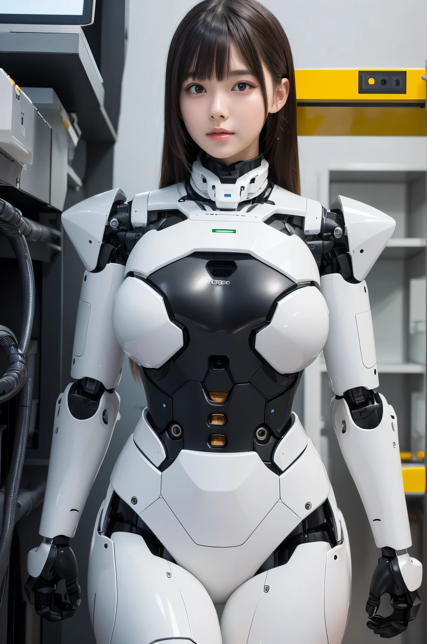 masterpiece, best quality, extremely detailed, (8K, 4K, Best Quality, hight resolution, 超A high resolution:1.1), 8K portrait,1girl in, Japaese android girl,android teacher,Plump , control panels,android,Droid,Mechanical Hand, ,Robot arms and legs, Black hair,Mechanical body,Blunt bangs,White Robotics Parts,perfect robot woman,Charging spot,Long Tube,A thick cable was connected to her neck,ceramic body ,android,robot humanoid,a bit chubby,panty,full eyes,perfect mechanical body,white robotics body,future assembly plant,white body,She has repaired,black sponge joints,android assembly plant,android,laboratory,perfect machine body,white robot body,