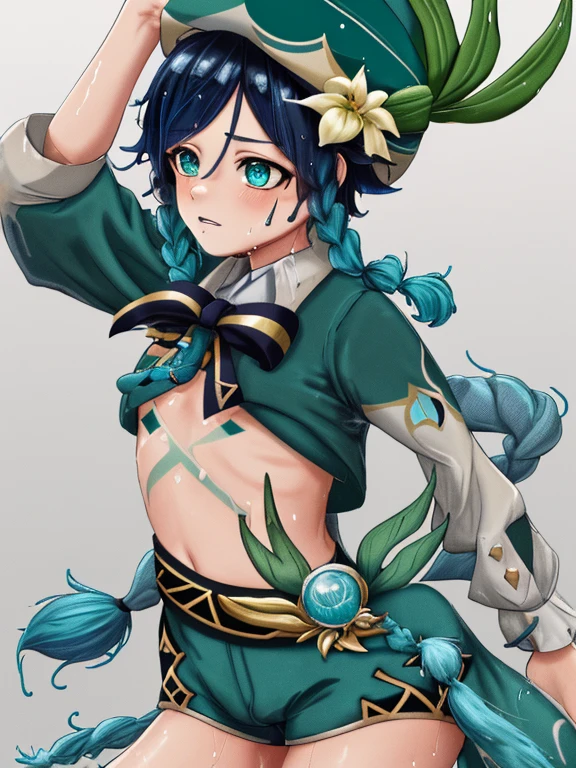 Venti, genshin impact, cute, blue braids, green hat, small penis, shy, tiny penis