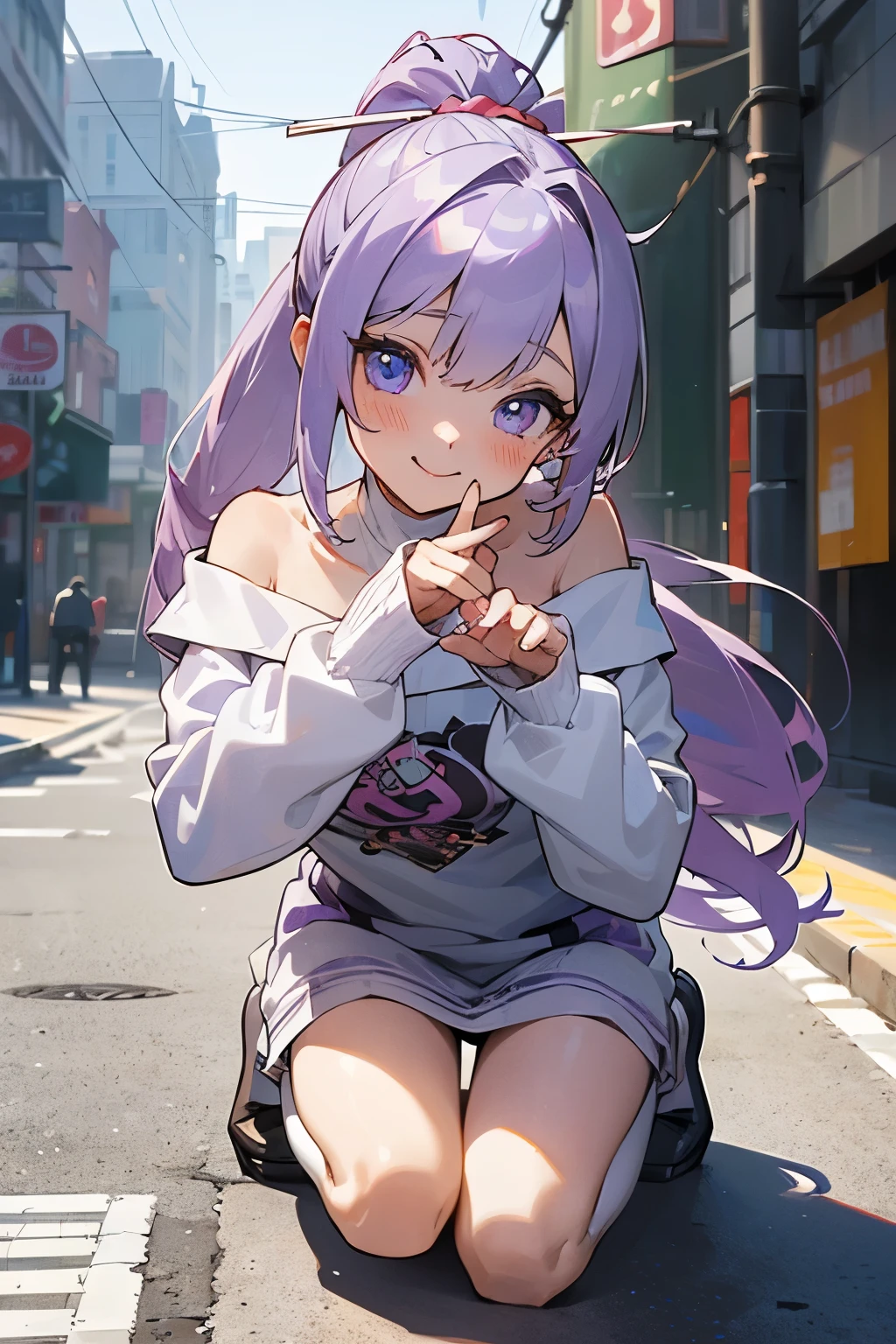 ((Masterpiece)), ((best quality)), (super detailed), (kneeling), 1girl, cute little girl, blush, smile, (Gravure Pose), (messy long ponytail), pale purple hair, cute eyes, (Off-shoulder white long sleeves), city street, ((white long sleeves)), high res, ultrasharp, ((beautiful eyes)),