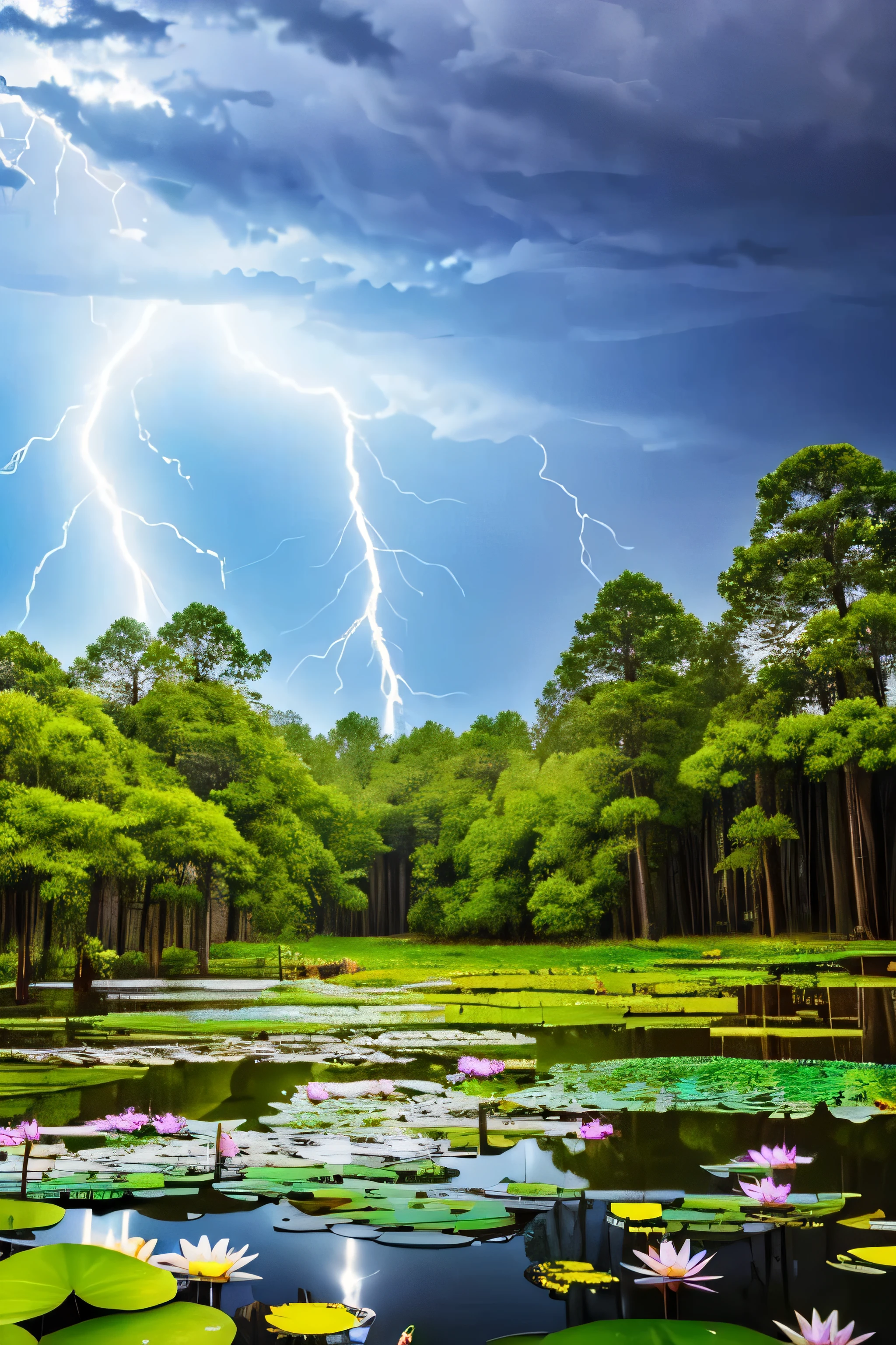 a thunderstorm with lightning over a pond with water lilies surrounded by cypress trees.