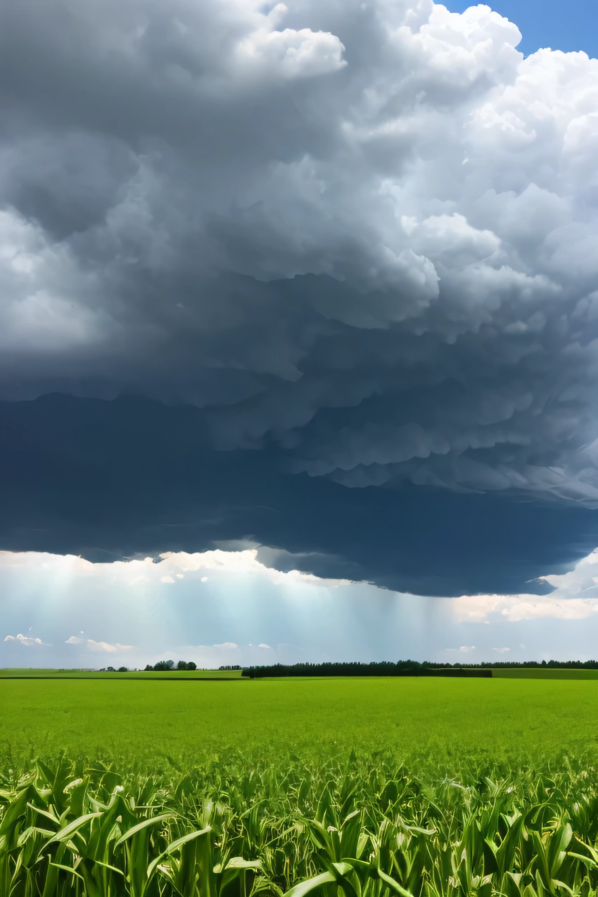 A cornfield in the sun with dark thunderheads forming in the distance. Rain falling with lightning.