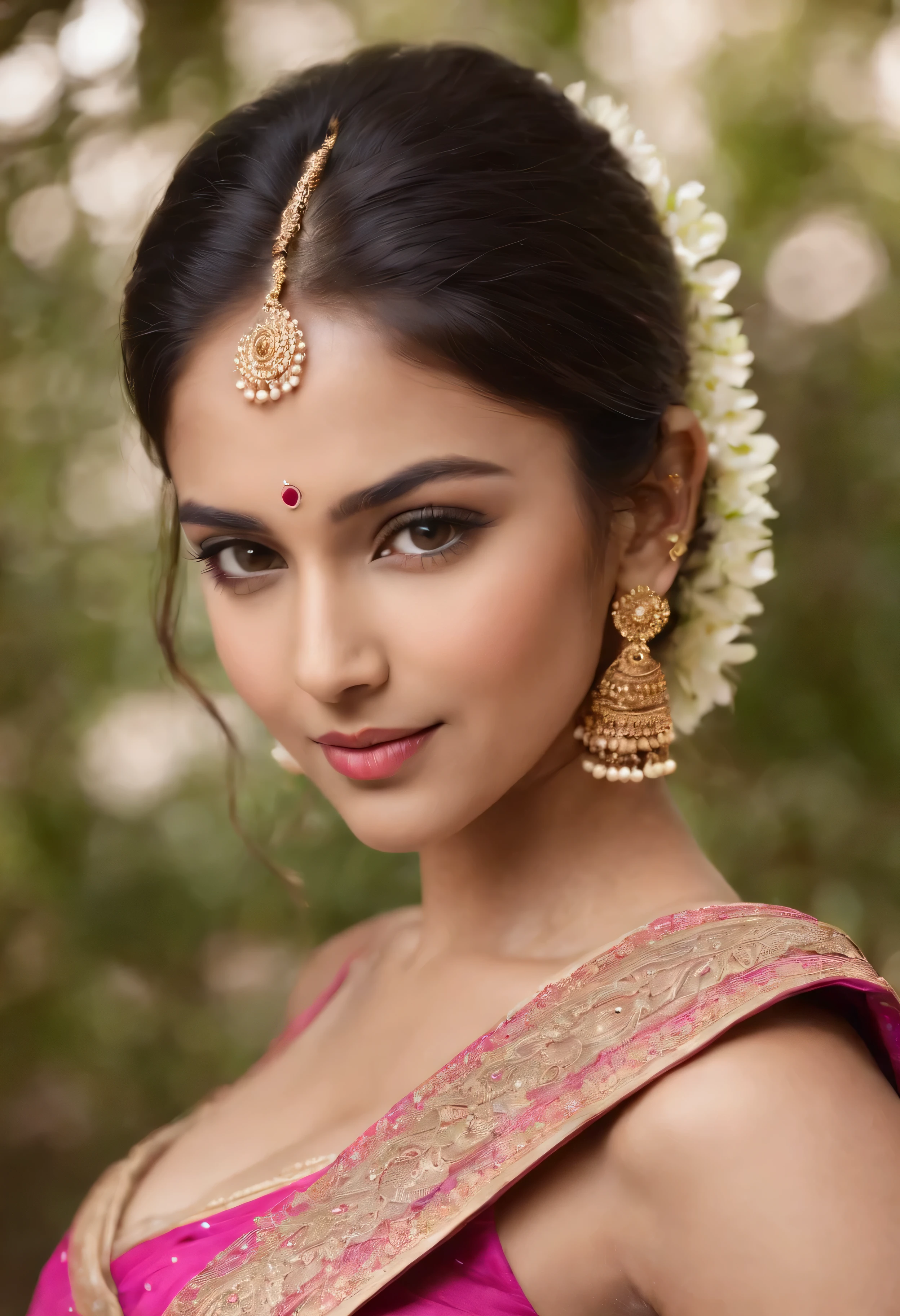 a indian woman posing for a picture, indian, traditional beauty, indian, beautiful goddess, ornate , indian style, indian super model, beautiful maiden, gorgeous woman, south east asian with long, provocative indian, gorgeous beautiful woman, beautiful asian girl, extremely detailed goddess shot, jaw-dropping beauty, big boobs deep cleavage sexy navel, , exposed, big bust, pink, big breast, romantic face expressions .