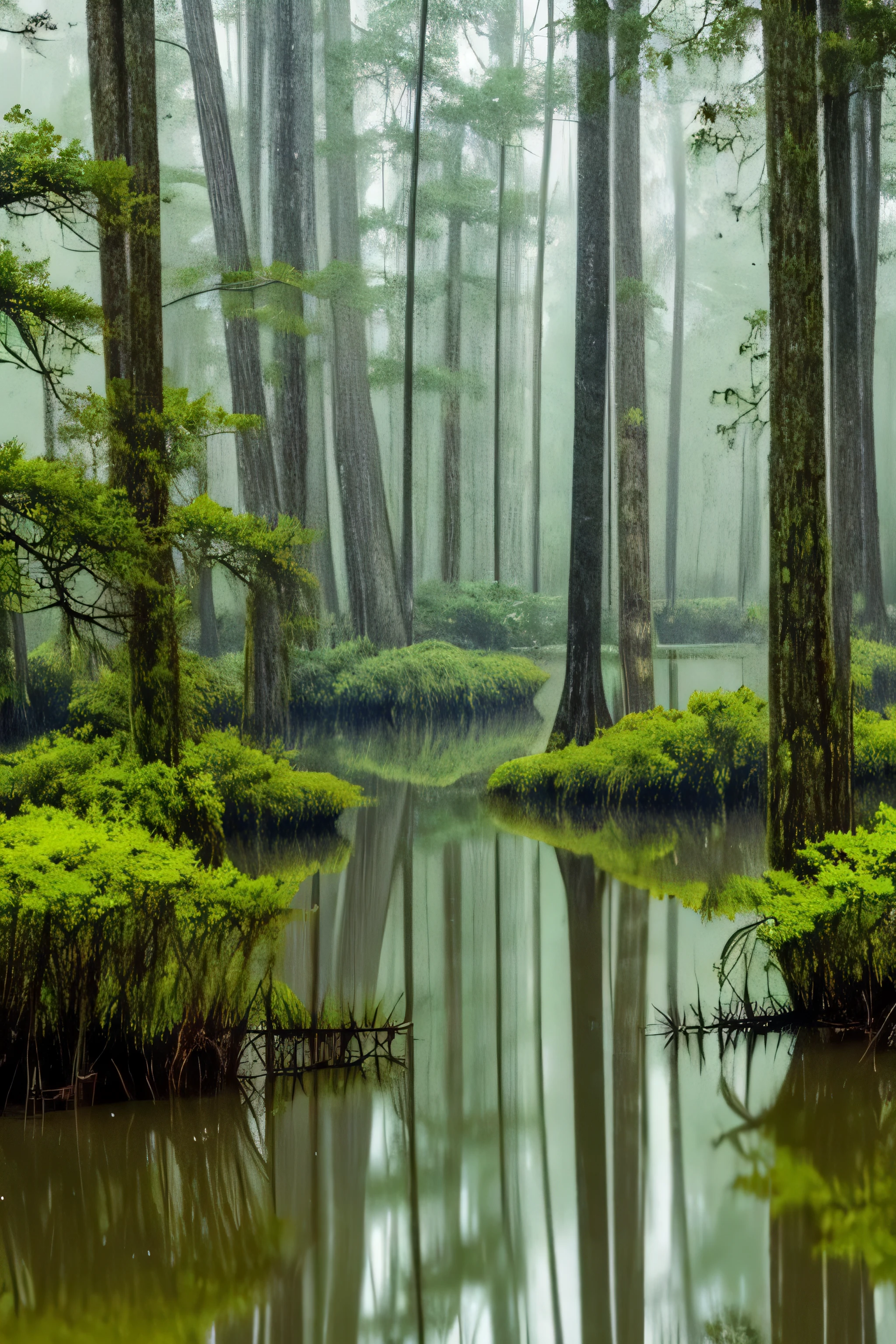 a cypress swamp in the rain.