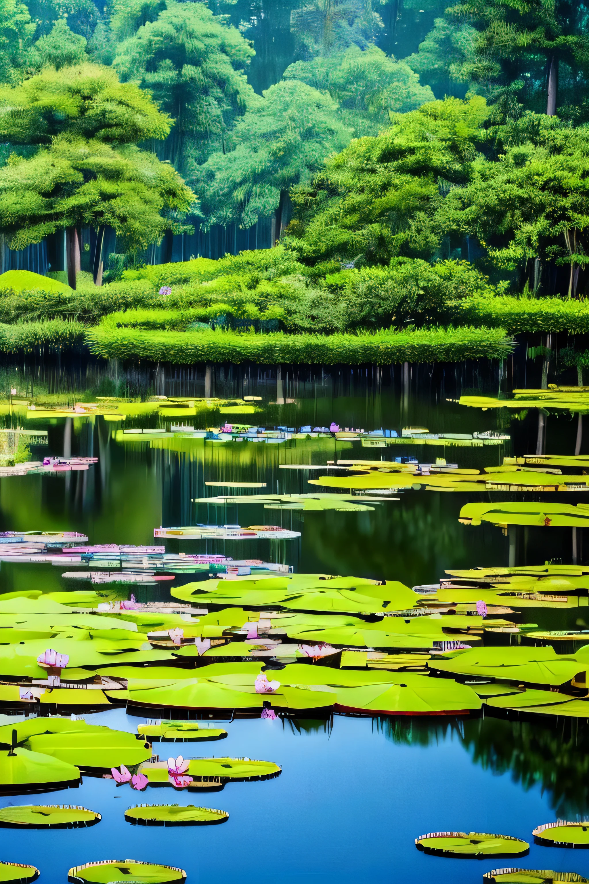a thunderstorm with lightning over a pond with water lilies surrounded by cypress trees.