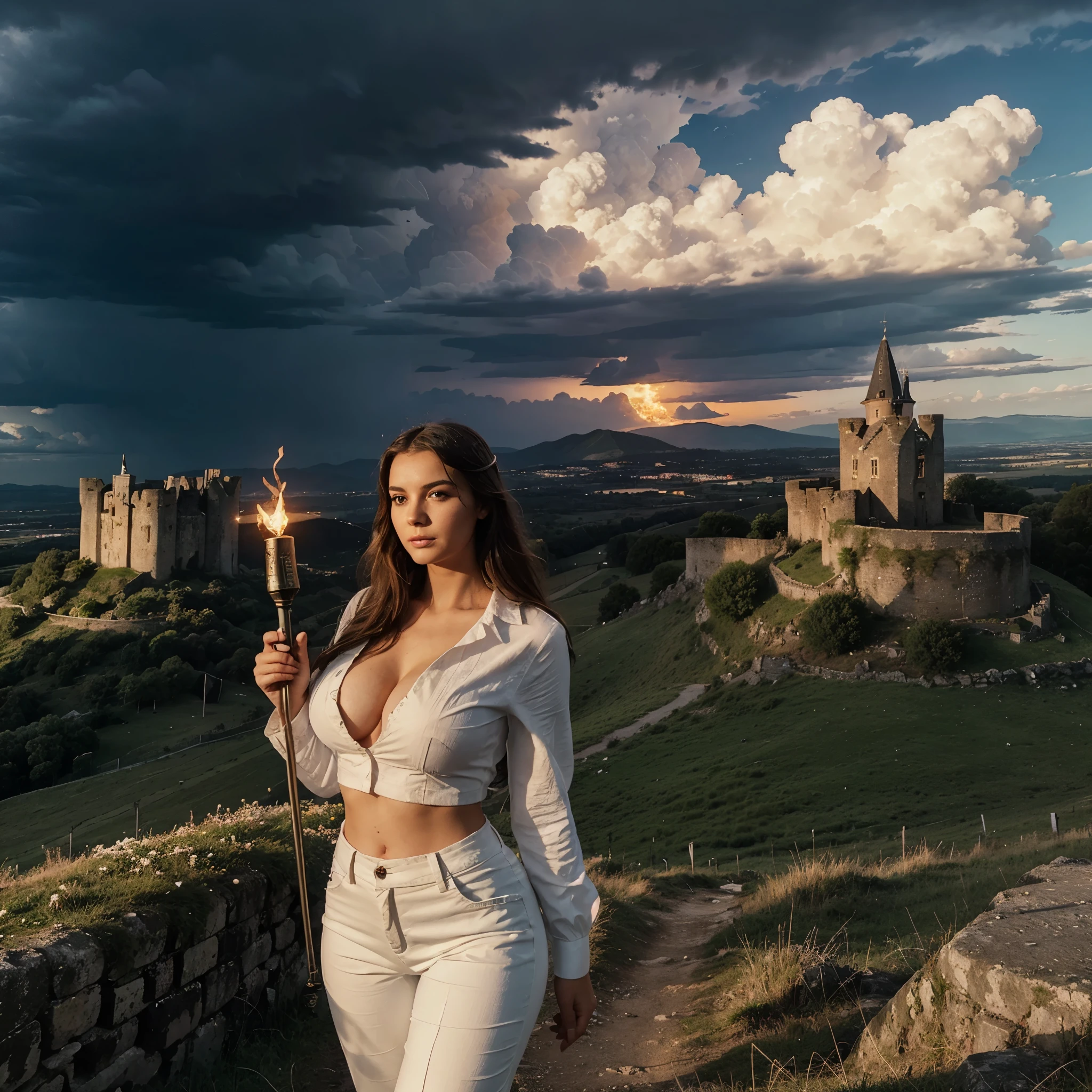 Buxom 22 year old British girl holding a flaming torch she is standing on a hill lighting her way towards an old castle ruin up on a hill she is wearing a flowing white cotton blouse with cleavage wearing tight khaki pants, she is standing in a power pose holding an electric torch, there is a ruin of a castle high up on a hill and there is a storm brewing in the background it is night time.