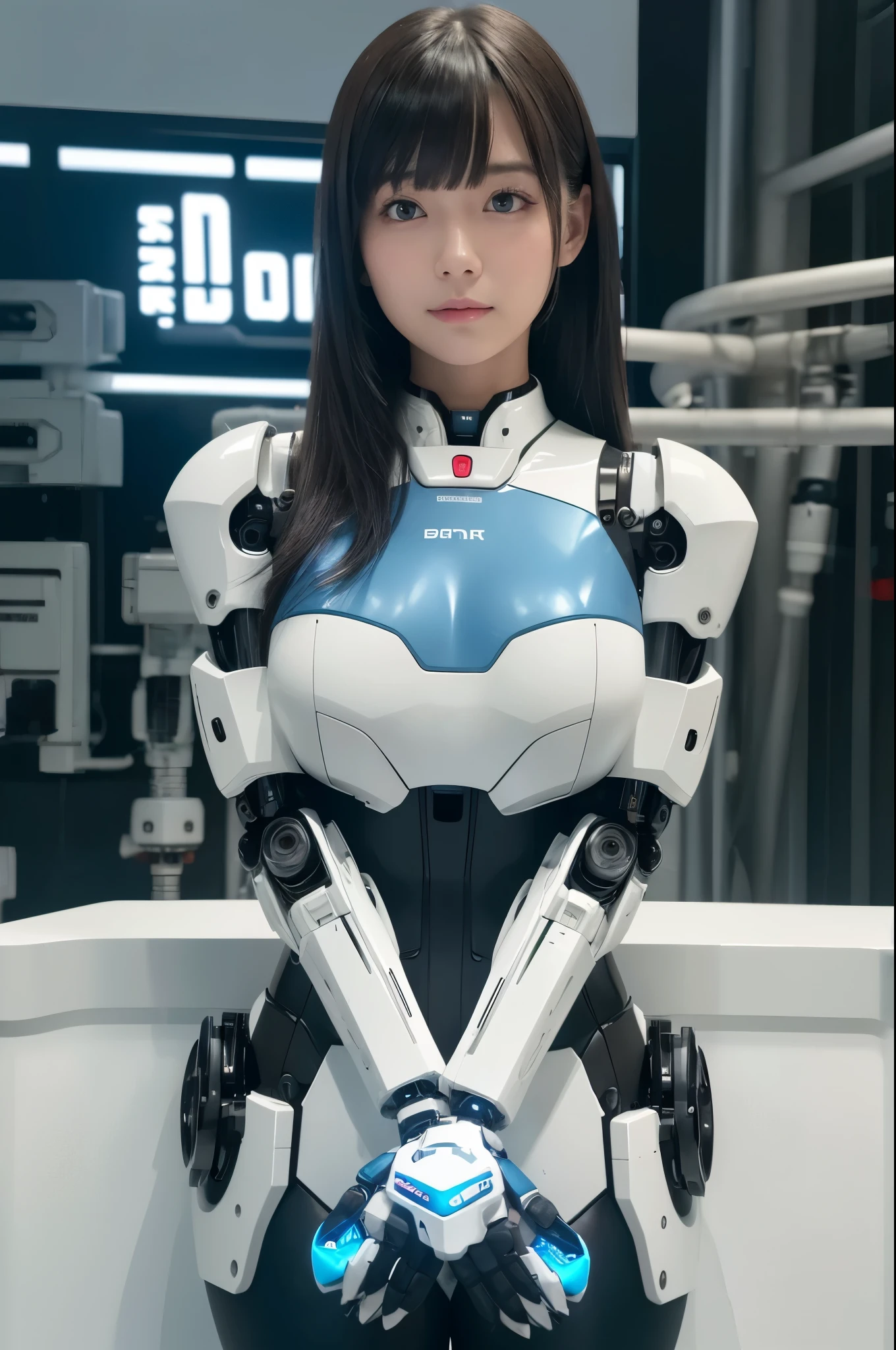 (Photorealistic:1.4), (Raw photo)masutepiece, Best Quality, Extremely detailed, (Photorealistic:1.4), (8K, 4K, Best Quality, hight resolution, 超A high resolution:1.1), 8K Portrait,1girl in, Japanese android gid,Plump , announcer,control panels,android,Droid,Mechanical Hand, ,Robot arms and legs, Black hair,Mechanical body,Blunt bangs,White Robotics Parts,perfect robot woman,Charging spot,Long Tube,A thick cable was connected to his neck.,ceramic body ,Mechanical body, mechanical ear covers,android,robot humanoid,Slightly Chubby,pantiy,complete eyes,Perfect machine body,White robot body,The laboratory of the future,android factory,mechanical ear covers,White and light blue uniform,light blue accent costume,