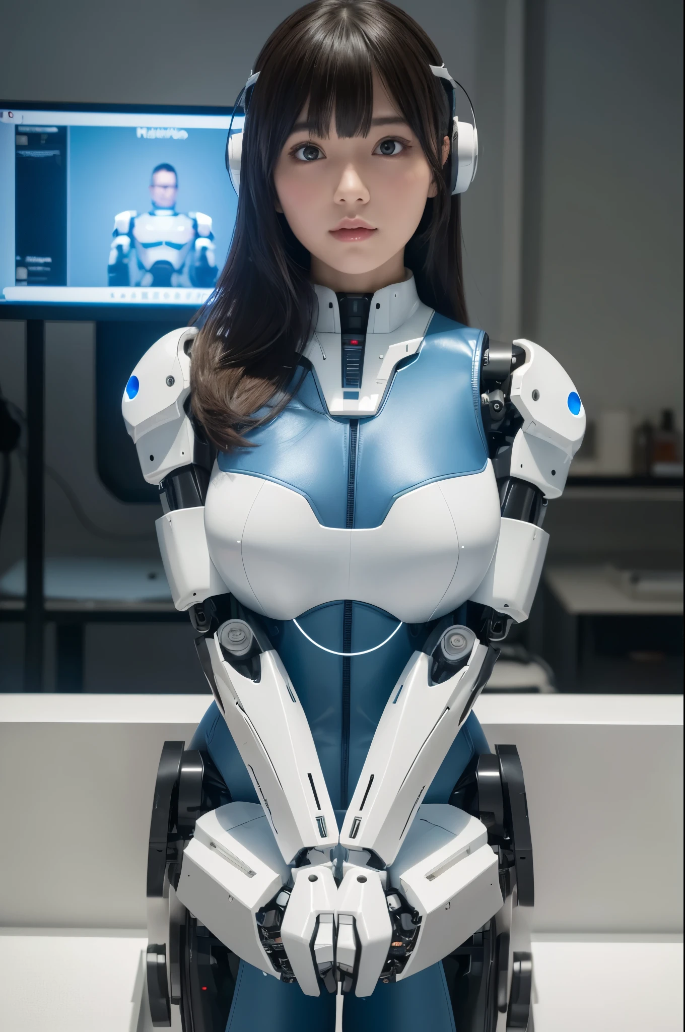 (Photorealistic:1.4), (Raw photo)masutepiece, Best Quality, Extremely detailed, (Photorealistic:1.4), (8K, 4K, Best Quality, hight resolution, 超A high resolution:1.1), 8K Portrait,1girl in, Japanese android gid,Plump , announcer,control panels,android,Droid,Mechanical Hand, ,Robot arms and legs, Black hair,Mechanical body,Blunt bangs,White Robotics Parts,perfect robot woman,Charging spot,Long Tube,A thick cable was connected to his neck.,ceramic body ,Mechanical body, mechanical ear covers,android,robot humanoid,Slightly Chubby,pantiy,complete eyes,Perfect machine body,White robot body,The laboratory of the future,android factory,mechanical ear covers,White and light blue uniform,light blue accent costume,