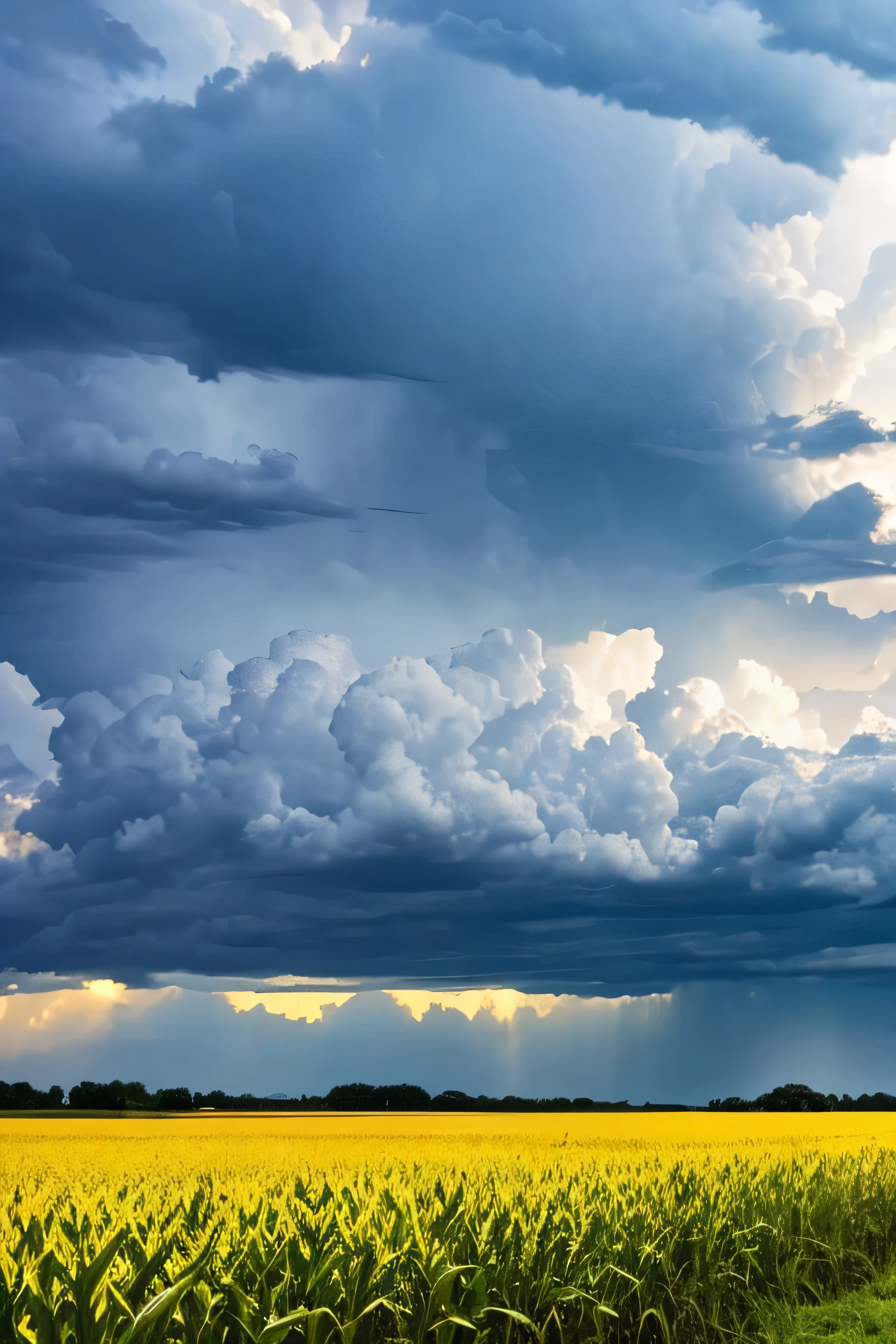 A cornfield in the sun with dark thunderheads forming in the distance. Rain falling with lightning.
