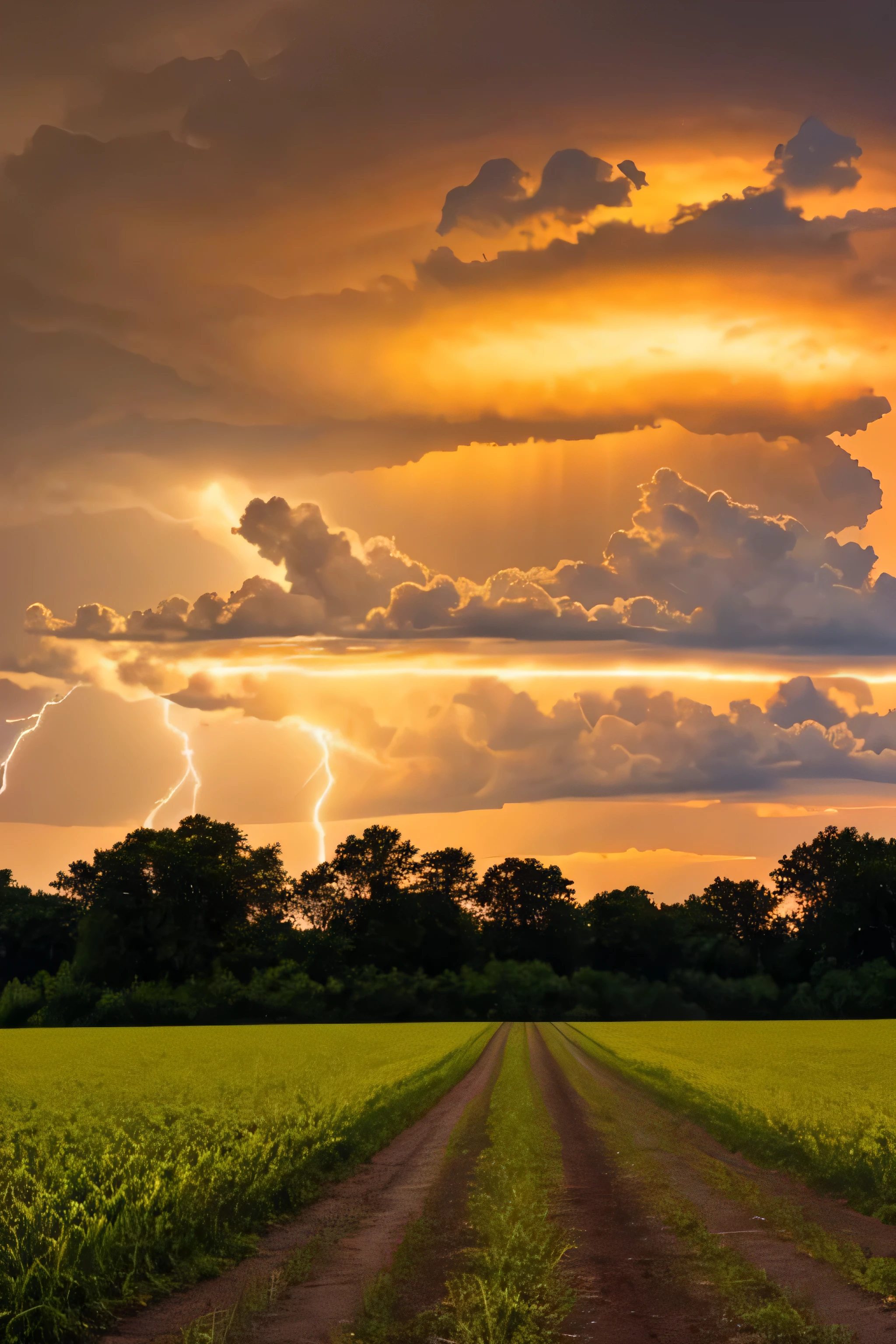 A cornfield in the sun with dark thunderheads forming in the distance. Rain falling with lightning.
