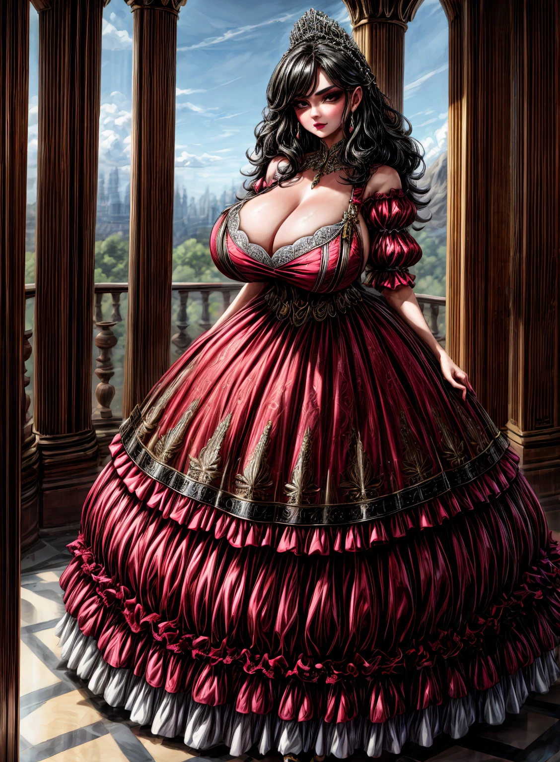 Irish woman, milf, mature, curly hair,black hair, high cheekbones, glossy lipstick, pouting, pouting lips, white pale skin, tall, curvaceous, small waist, big hips, hip dips, large breasts, big breasts, sagging breasts, looking at viewer, Best quality, 8k, Masterpiece, realistic, photorealistic, (gigantic breasts:1.2),wearing beautiful embroidery and jeweled ruffled gorgeous princess ballgown with voluminous full length hoop skirt,
princess in a beautiful embroidery and jeweled rococo princess ballgown with voluminous full length hoop skirt,super detailed gorgeous princess ballgown with voluminous full length hoop skirt,jeweled Gorgeous rococo princess ballgown with long train,jeweled Gorgeous rococo princess ballgown with long train,gorgeous rococo princess ballgown with beautiful embroidery and jeweled, detailed eyes, brown eyes,