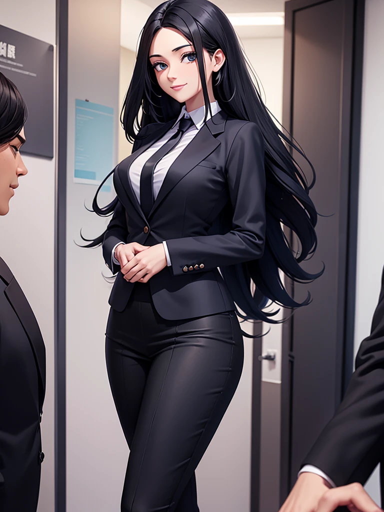 The male protagonist talks with a woman with black long hair professional clothes, the woman smiles and the picture is pleasant, in five luxurious offices