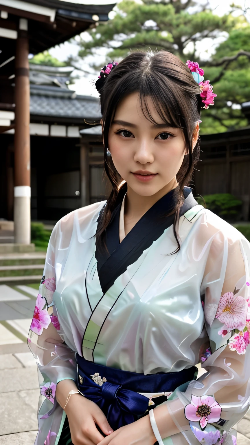 NSFW、最high quality、high quality、best image quality、8K、最High resolution、High resolution、最high quality、masterpiece、RAW photo、realistic atmosphere、(detailed face)、(fine hands、thumb１reference４)、(beauty of japan )、very nice face、cute face、((beautiful japanese girl))、(japanese woman), ((18 year old beautiful girl))、(glossy black hair)、(straight long hair)、(ponytail)、whole body、slim style、(shiny skin)、(Fair skin, Glossy skin)、real human skin、realistic human body structure、perfect body， perfect face， perfect hands， perfect fingers， perfect lips， perfect eyes，perfect teeth、perfect background， perfect atmosphere， natural soft light、photon mapping、samurai kimono、maiko kimono、servant、geisha kimono、japanese kimono、japanese traditional、((floral kimono(Sheer、sexy、transparent、erotic))、In front of a samurai residence in Japan、((random colored floral pattern(samurai kimono、Hakama with slit))