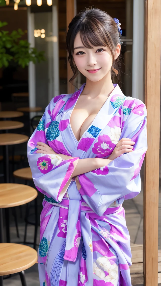 (8K, 超A high resolution, Best Quality, masutepiece:1.2),(:1.2)、(a smile、cute little)、(Eye)、8K、RAW portrait of japanese girl、Photorealsitic、超A high resolution、top-quality、 (Relatively large breasts, cleavage:1.2),(Yukata and no bra :1.3)、(From below:1.2)、sit a chair、Cross your arms、(Panchira:1.2)、(upscale cafe:1.4) BREAK (Natural Skin Texture、Detailed skin、Hyper-Realism、ultra sharpness)、intricate detailes、depth of fields、Dim lighting、Korean Idol、Nogizaka Idol、hposing Gravure Idol、actress、Fashion Model Pose、tall