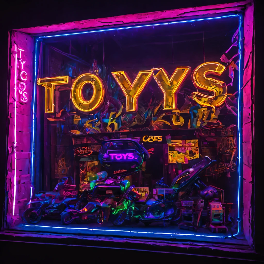 Toy store window, cyberpunk, Fantastic city, ultra fillet, neon inscription with text "toys", cinematic frame
