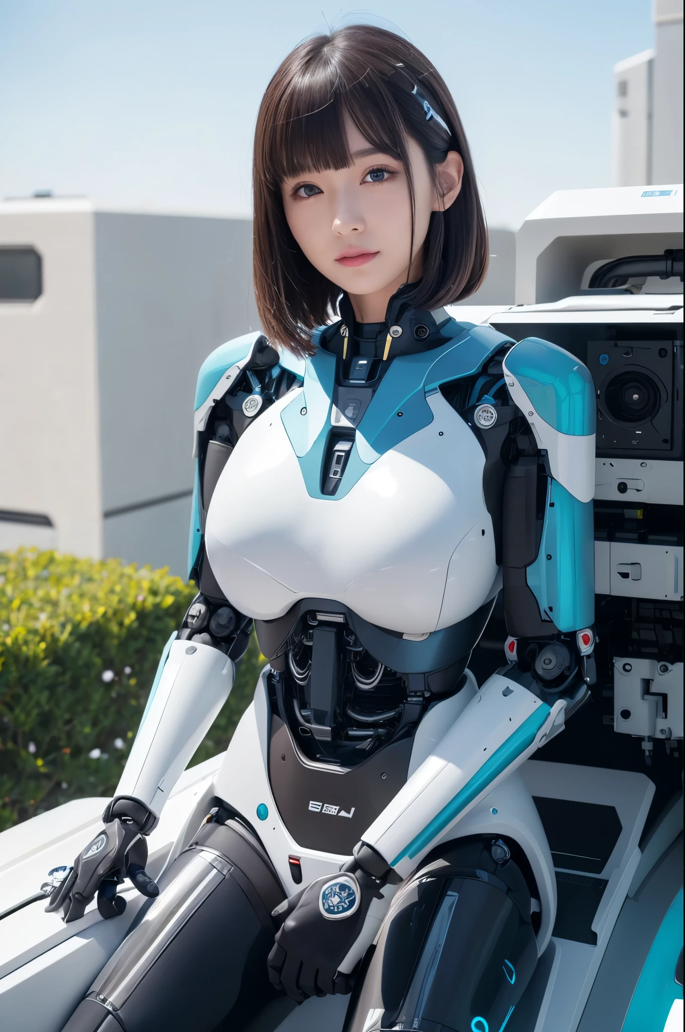 (Photorealistic:1.4), (Raw photo)masutepiece, Best Quality, Extremely detailed, (Photorealistic:1.4), (8K, 4K, Best Quality, hight resolution, 超A high resolution:1.1), 8K Portrait,1girl in, Japanese android gid,Plump , announcer,control panels,android,Droid,Mechanical Hand, ,Robot arms and legs, Black hair,Mechanical body,Blunt bangs,White Robotics Parts,perfect robot woman,Charging spot,Long Tube,A thick cable was connected to his neck.,ceramic body ,Mechanical body, mechanical ear covers,android,robot humanoid,Slightly Chubby,pantiy,complete eyes,Perfect machine body,White robot body,The laboratory of the future,android factory,mechanical ear covers,White and light blue uniform,aqua accent costume,