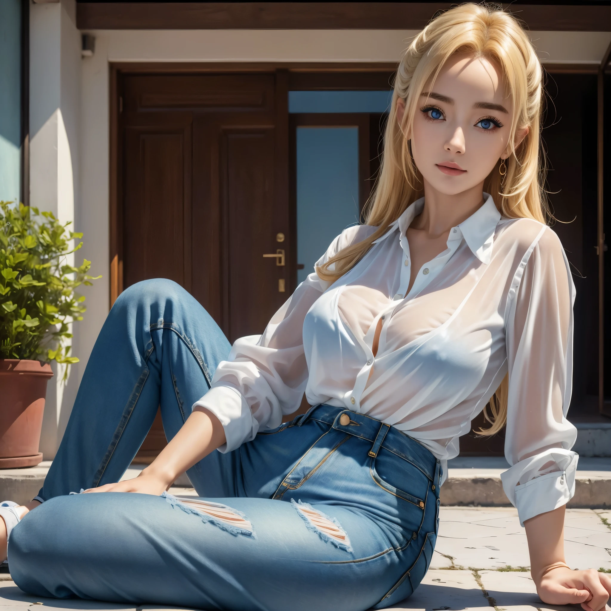 (best quality,4k,8k,highres,masterpiece:1.2),ultra-detailed, blonde greek woman sitting on front stoop of apartment, yangmi, gyaru, seethru, blue eyes, jeans, blouse, HDR, 8k, absurdres, cinestill 800, sharp focus