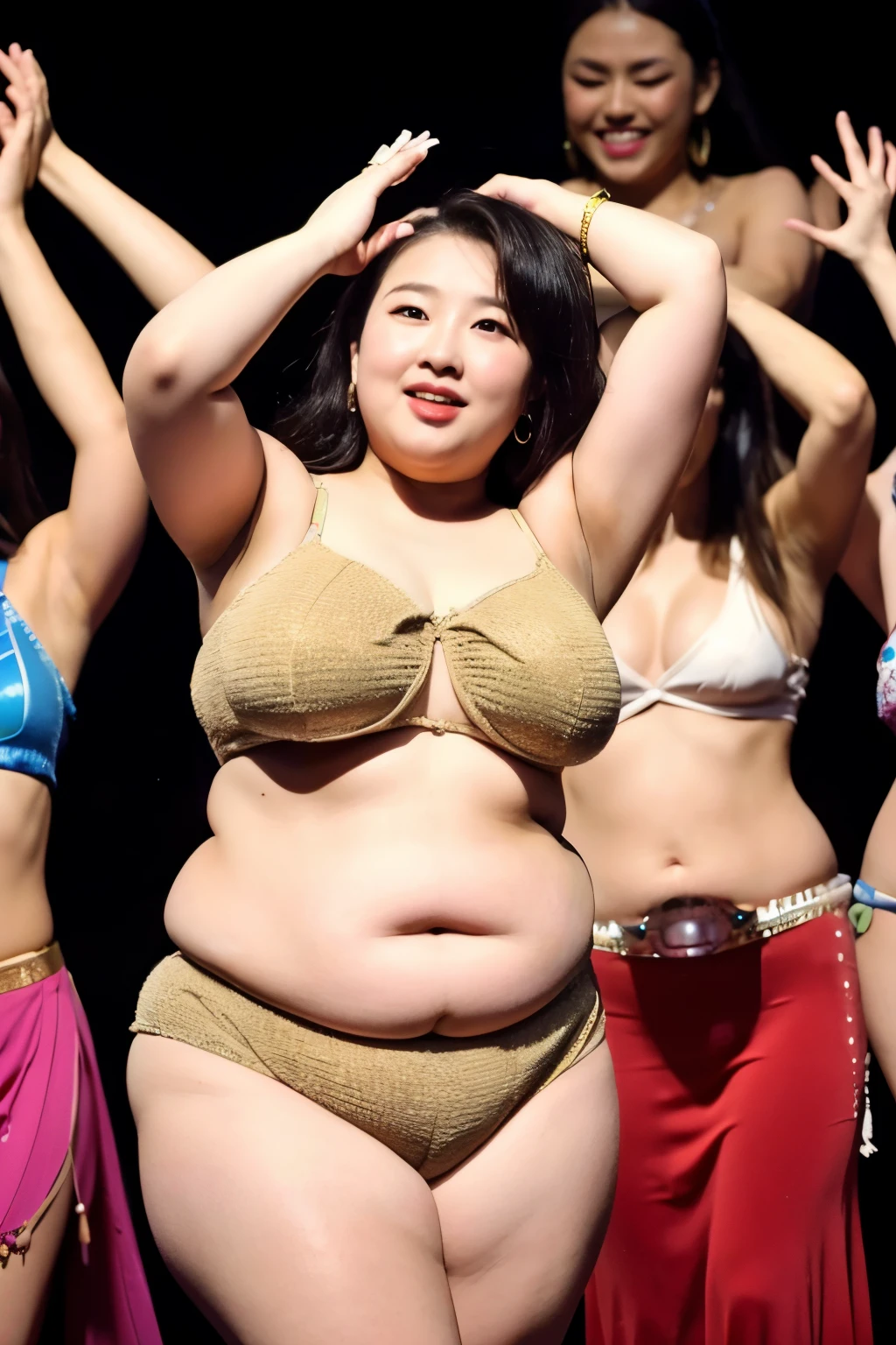 日本people、female1people、round face、Tight makeup、plus size、plump body、Plump buttocks、Chubby、obesity、Belly dance、dancers