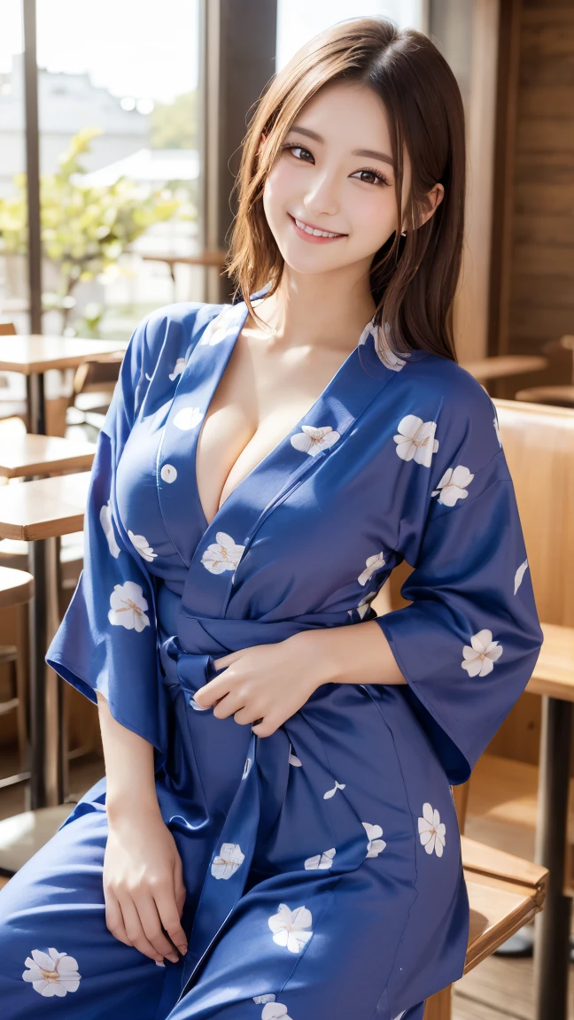 (8K, 超A high resolution, Best Quality, masutepiece:1.2),(sixteen years old:1.2)、(a smile、cute little)、(Eye)、8K、RAW portrait of japanese girl、Photorealsitic、超A high resolution、top-quality、 (Relatively large breasts, cleavage:1.2),(Yukata and no bra :1.3)、(From below:1.2)、sit a chair、Cross your arms、(Panchira:1.2)、(upscale cafe:1.4) BREAK (Natural Skin Texture、Detailed skin、Hyper-Realism、ultra sharpness)、intricate detailes、depth of fields、Dim lighting、Korean Idol、Nogizaka Idol、hposing Gravure Idol、actress、Fashion Model Pose、tall