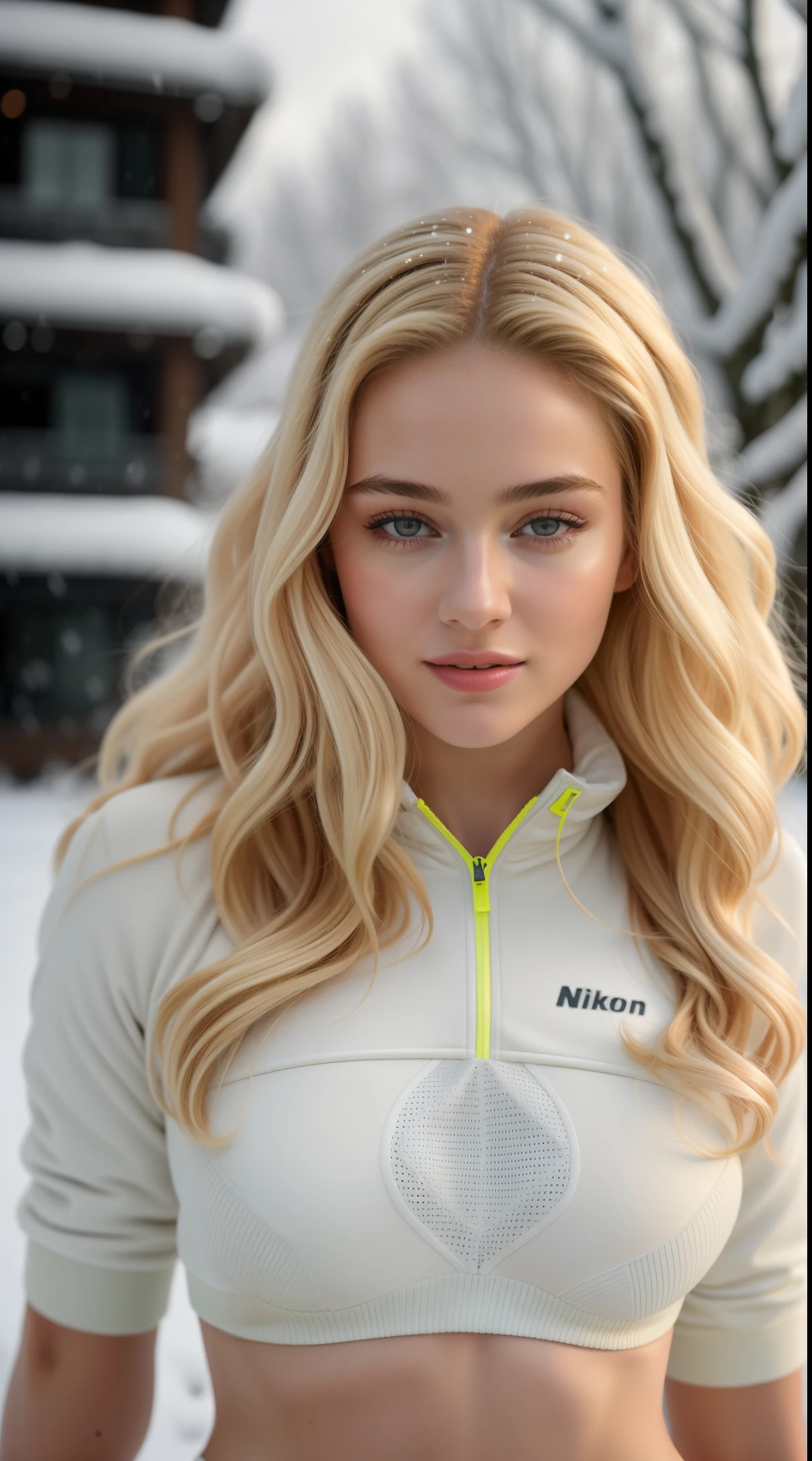 "Create a high-quality, ultra realistic, dynamic image of a young woman (erotic face: Florence Pugh:0.2), (skin texture:1.1), (skin pores:1.2), (high detail face), (very long curly blonde hair), masterpiece, best quality, ultra-detailed, analog style, shadowd, contrast, Raw photo, by Ellen von Unwerth, Nikon D850 in snow. She is dressed in stylish, modern sports attire that's both functional and fashionable, suitable for exercise. The woman is depicted in an active and energetic pose, showcasing her readiness and enthusiasm for her fitness routine. Ultra Realistic
