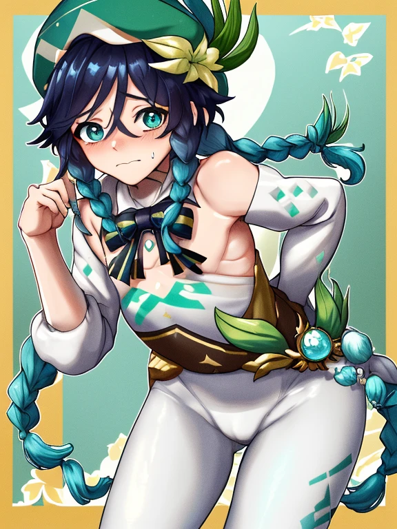 Venti, genshin impact, cute, blue braids, green hat, small penis, shy, tiny penis, white leggings
