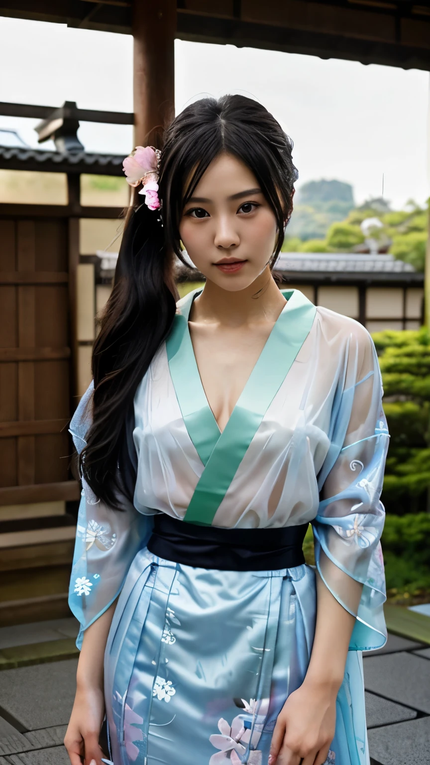 NSFW、最high quality、high quality、best image quality、8K、最High resolution、High resolution、最high quality、masterpiece、RAW photo、realistic atmosphere、(detailed face)、(fine hands、thumb1reference4)、(beauty of japan )、very nice face、cute face、((beautiful japanese girl))、(japanese woman), ((18 year old beautiful girl))、(glossy black hair)、(straight long hair)、(ponytail)、whole body、slim style、(shiny skin)、(Fair skin, Glossy skin)、real human skin、realistic human body structure、perfect body, perfect face, perfect hands, perfect fingers, perfect lips, perfect eyes,perfect teeth、perfect background, perfect atmosphere, natural soft light、photon mapping、samurai kimono、maiko kimono、servant、geisha kimono、japanese kimono、japanese traditional、In front of a samurai residence in Japan、((sheer transparent random color(samurai kimono with floral pattern、Hakama with slit))