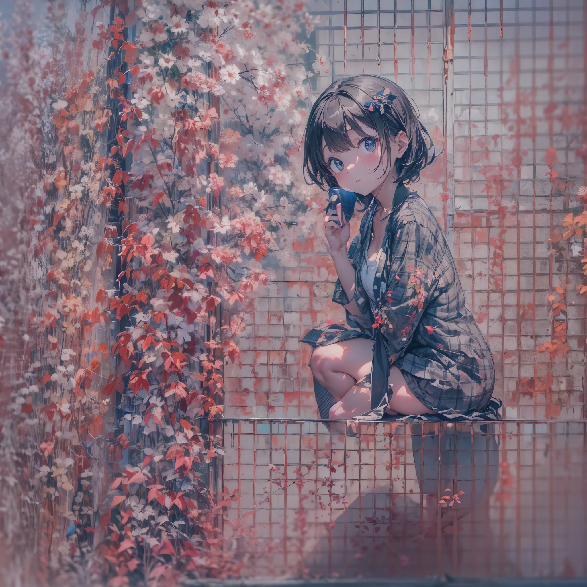 Base Layer (Setting): Retro café interior, checkerboard floor, primary colored walls, BREAK Middle Layer (Main Character): Girl with an asymmetric bob, sipping coffee from a bright red mug, BREAK Foreground Layer (Additional Elements): A blue neon sign flickering in the reflection of the window, BREAK Effect Layer (Focus): The girl's contemplative look, framed by the window's reflection, BREAK Final Touches (Atmosphere): The ambiance is infused with a sense of intellectual curiosity and chic.
