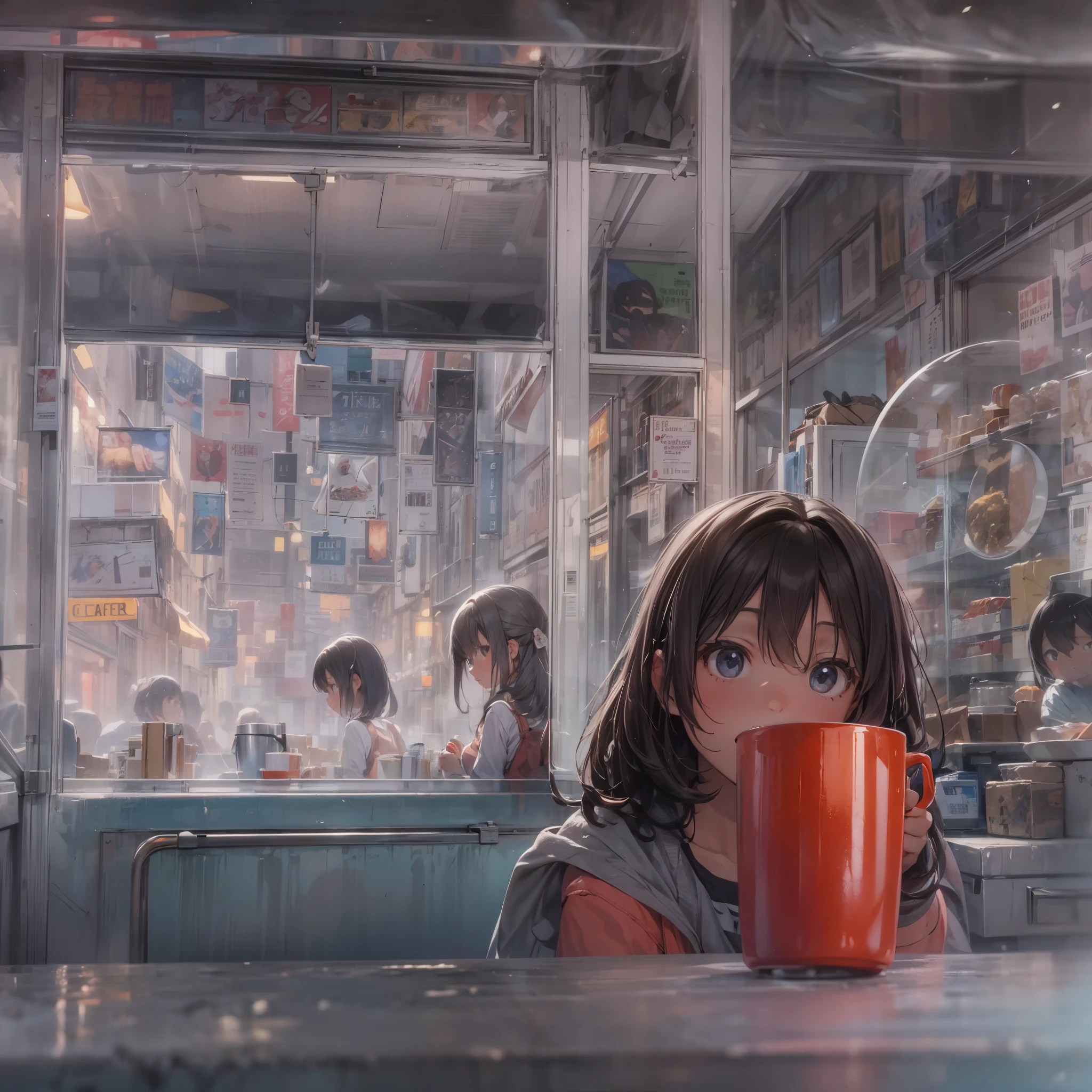 Base Layer (Setting): Retro café interior, checkerboard floor, primary colored walls, BREAK Middle Layer (Main Character): Girl with an asymmetric bob, sipping coffee from a bright red mug, BREAK Foreground Layer (Additional Elements): A blue neon sign flickering in the reflection of the window, BREAK Effect Layer (Focus): The girl's contemplative look, framed by the window's reflection, BREAK Final Touches (Atmosphere): The ambiance is infused with a sense of intellectual curiosity and chic.