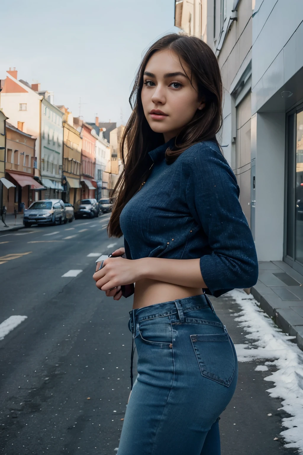 arafed woman in top and jeans looking to the sky, busy solving a crossword, full body portrait, natural makeup, sasha grey, sophie mudd, 18 years old, stunning closeupheadshot, madison beer girl, violet myers, she looks like a mix of grimes, very pretty model, arian mark, 8k resolution, very detailed image, blue eyes, winter, sunny day, nikon, cinematic, photo in poland, poland style,