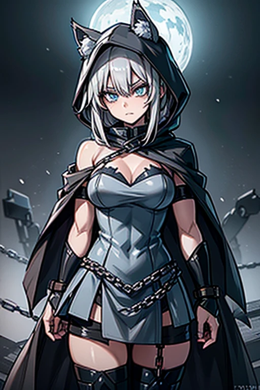 Grey Wolf Girl, Bright Blue eyes, Dressed in a grey torn cape, tattered cape, grey tattered and torn dress, revealing dress, Short Messy Grey hair, Hood over head, Shackles on wrists, broken chains from shackles, Heavy metal chains, Determined expression, sandstorm background