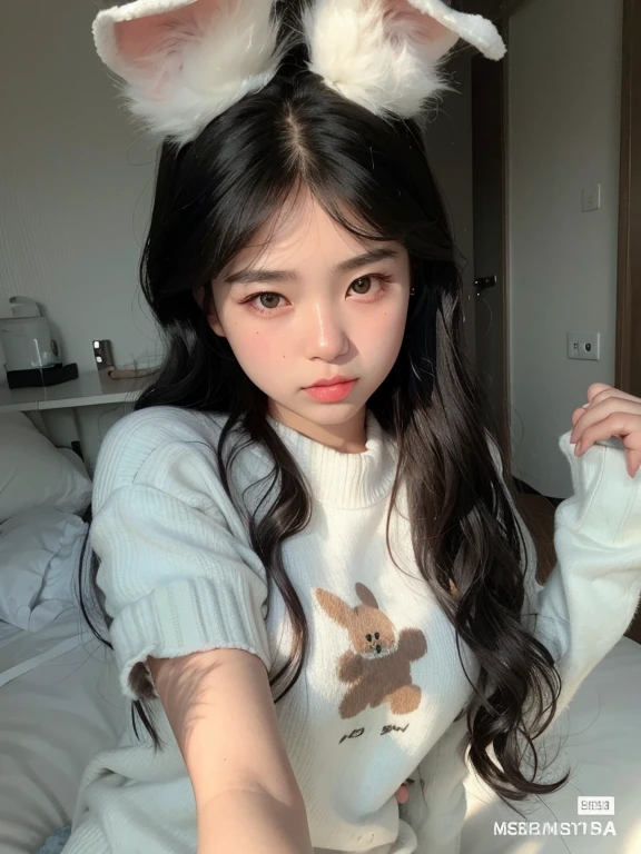 There is a girl with bunny ears and a sweater on, ulzzang, muchacha coreana, chica joven y linda, 19 year old girl, asian girl con cabello largo, hermosa joven coreana, jennie rosa negro, joven y adorable rostro coreano, pale korean adorable face, Young cute pale asian face, linda mujer joven, con cabello largo, shikami